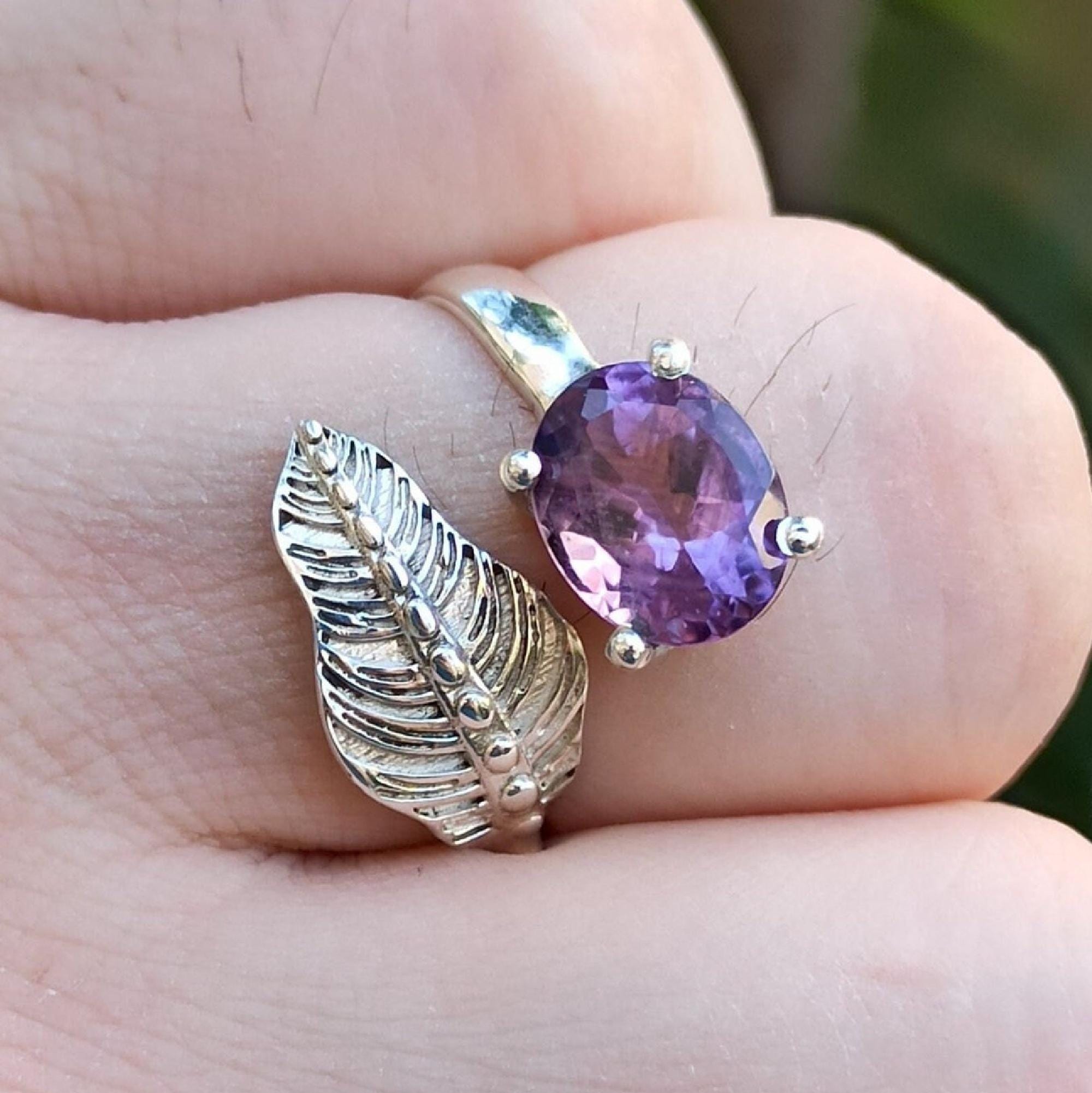 Amethyst Ring, 925 Sterling Silver Promise Ring, Natural Purple Amethyst Oval Handmade Leaf Jewelry, February Birthstone, Gift for Her