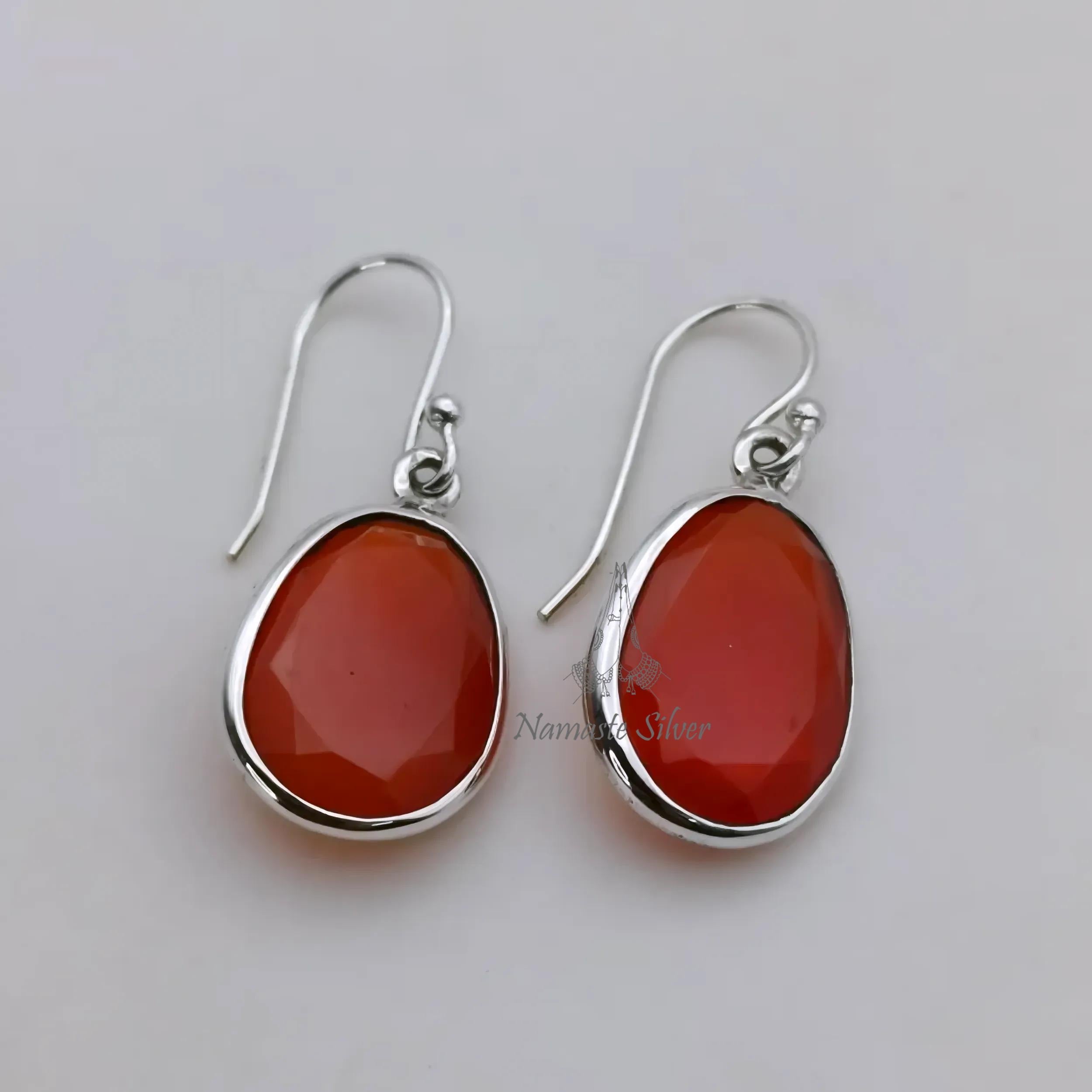 Carnelian Earrings, 925 Sterling Silver Dangle Earrings, Natural Red Carnelian Oval Handmade Jewelry, July Birthstone, Unique Gift for Her