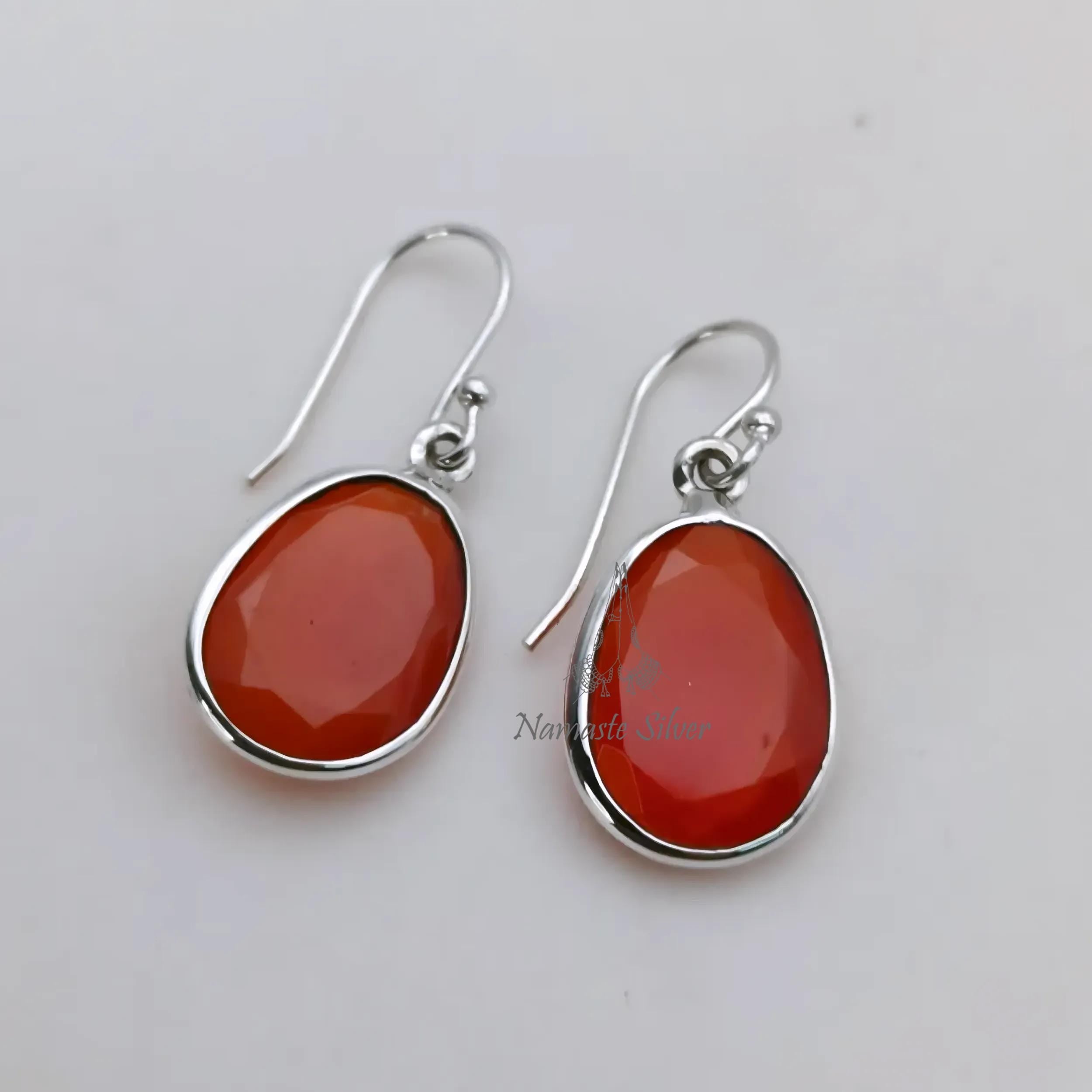 Carnelian Earrings, 925 Sterling Silver Dangle Earrings, Natural Red Carnelian Oval Handmade Jewelry, July Birthstone, Unique Gift for Her