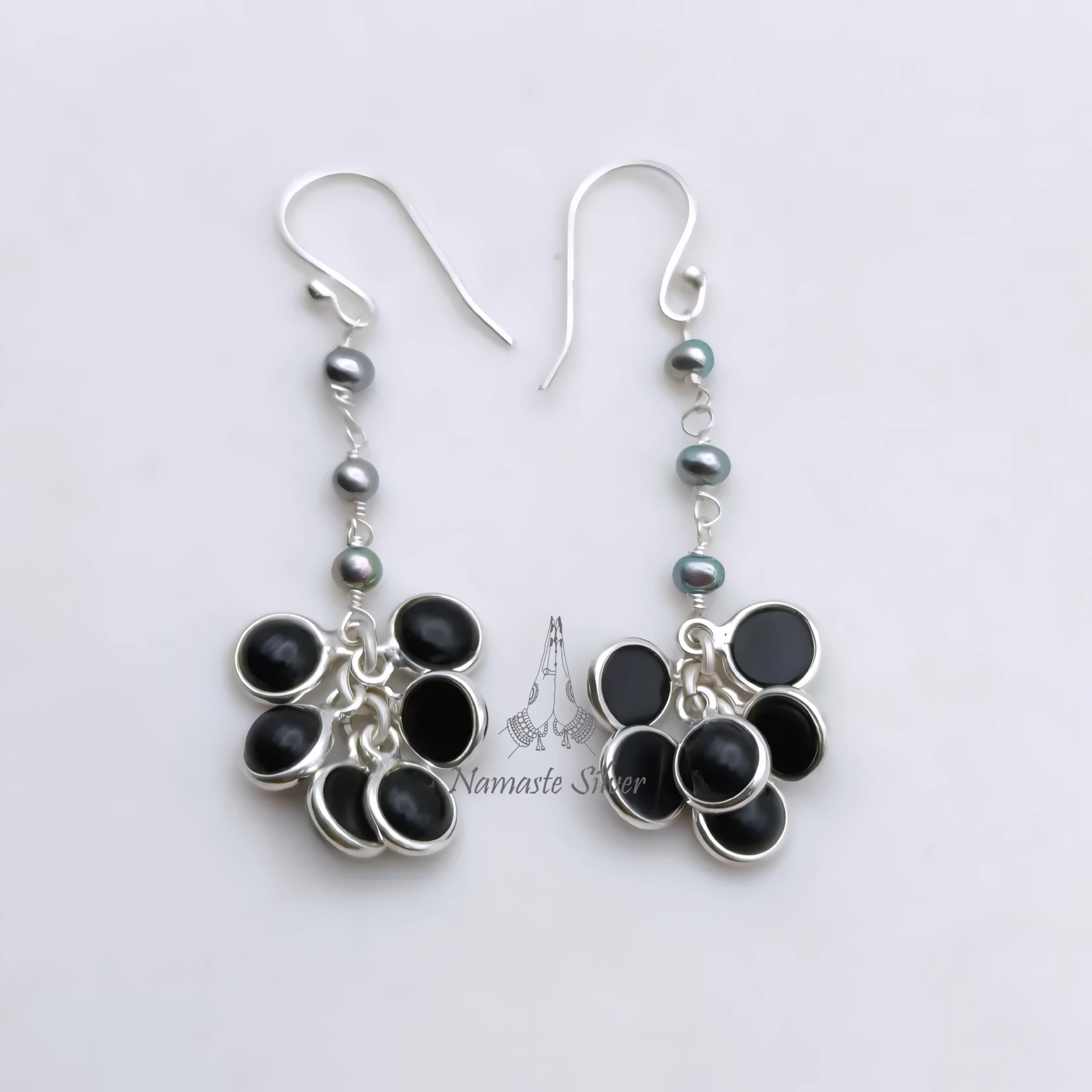 Pearl & Black Onyx Earrings, 925 Sterling Silver Dangle Earrings, Freshwater Grey Pearl, Black Onyx Handmade Jewelry, Unique Gift For Her