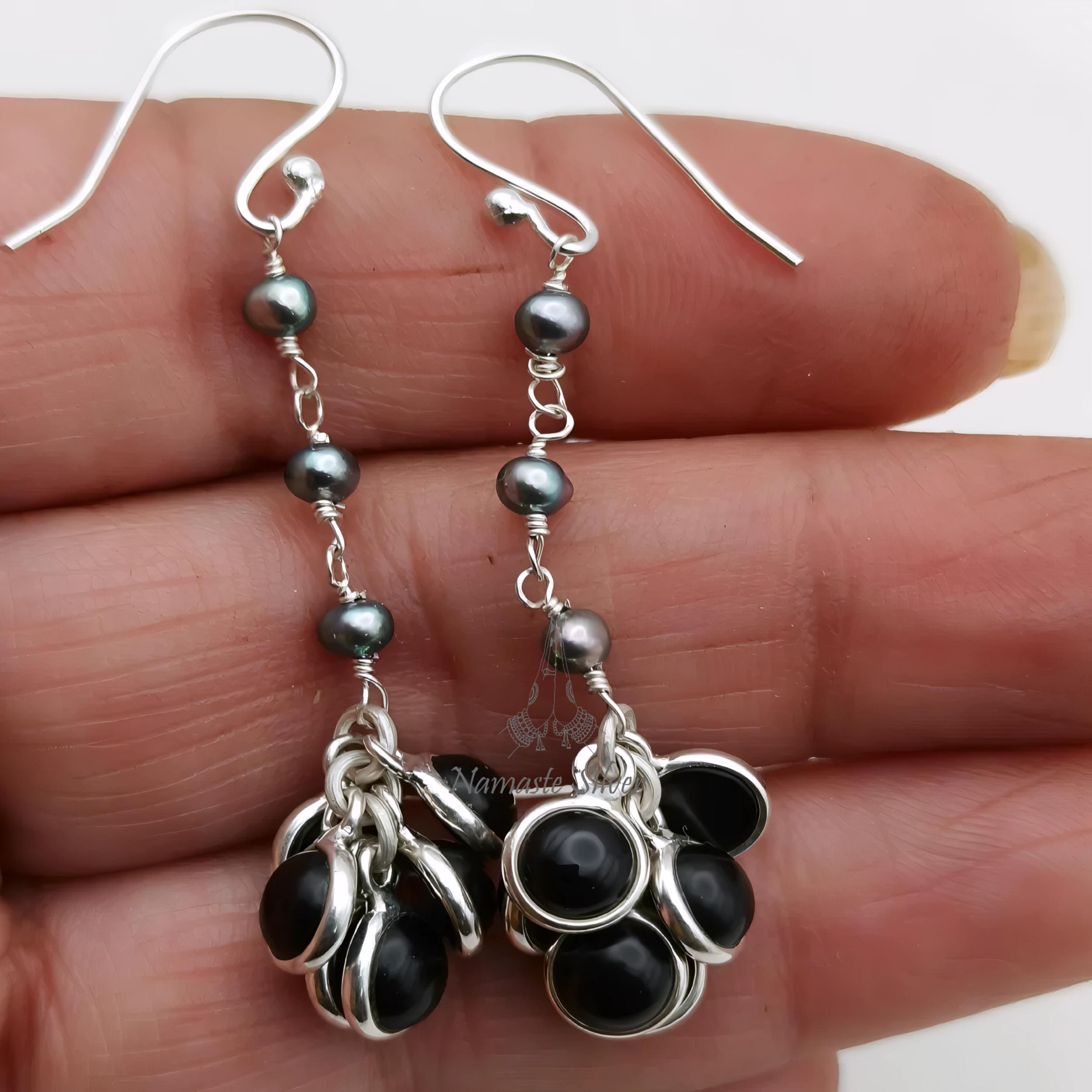 Pearl & Black Onyx Earrings, 925 Sterling Silver Dangle Earrings, Freshwater Grey Pearl, Black Onyx Handmade Jewelry, Unique Gift For Her