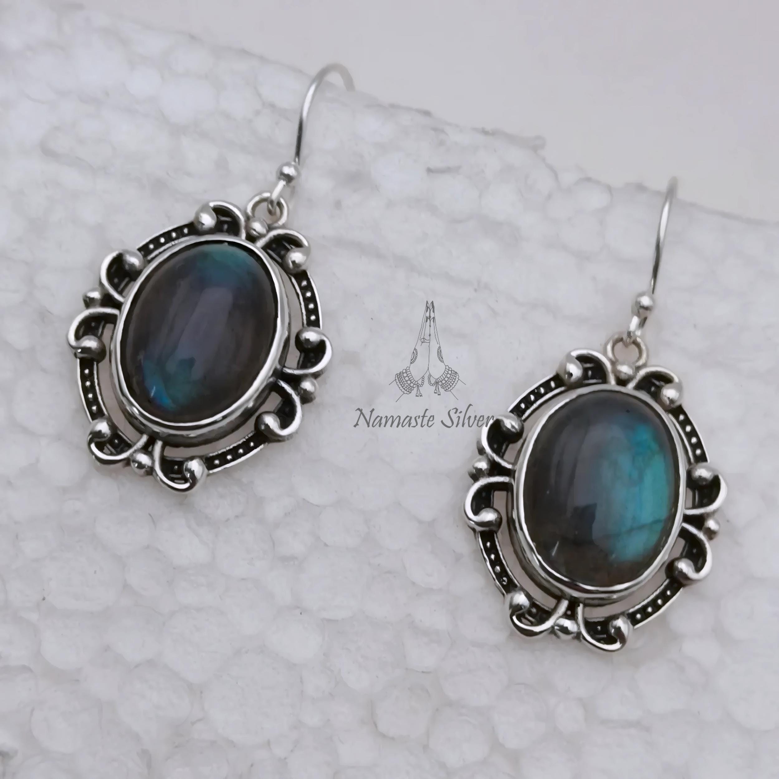Labradorite Earrings, 925 Sterling Silver Dangle Earrings, Natural Labradorite Oval Gemstone Handmade Boho Jewelry, Birthstone Gift for Her