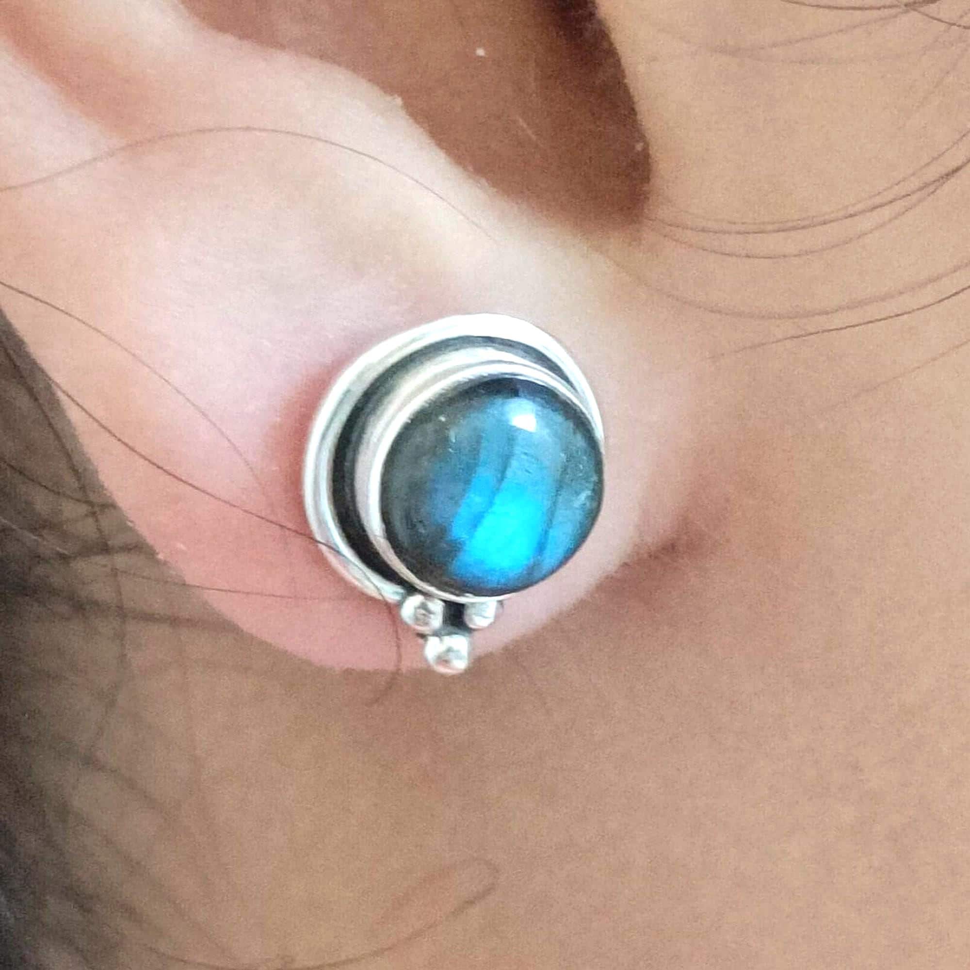 Labradorite Stud Earrings, 925 Sterling Silver Handmade Ear Post, Natural Labradorite Round Gemstone Stud Earrings, Birthstone Gift for Her