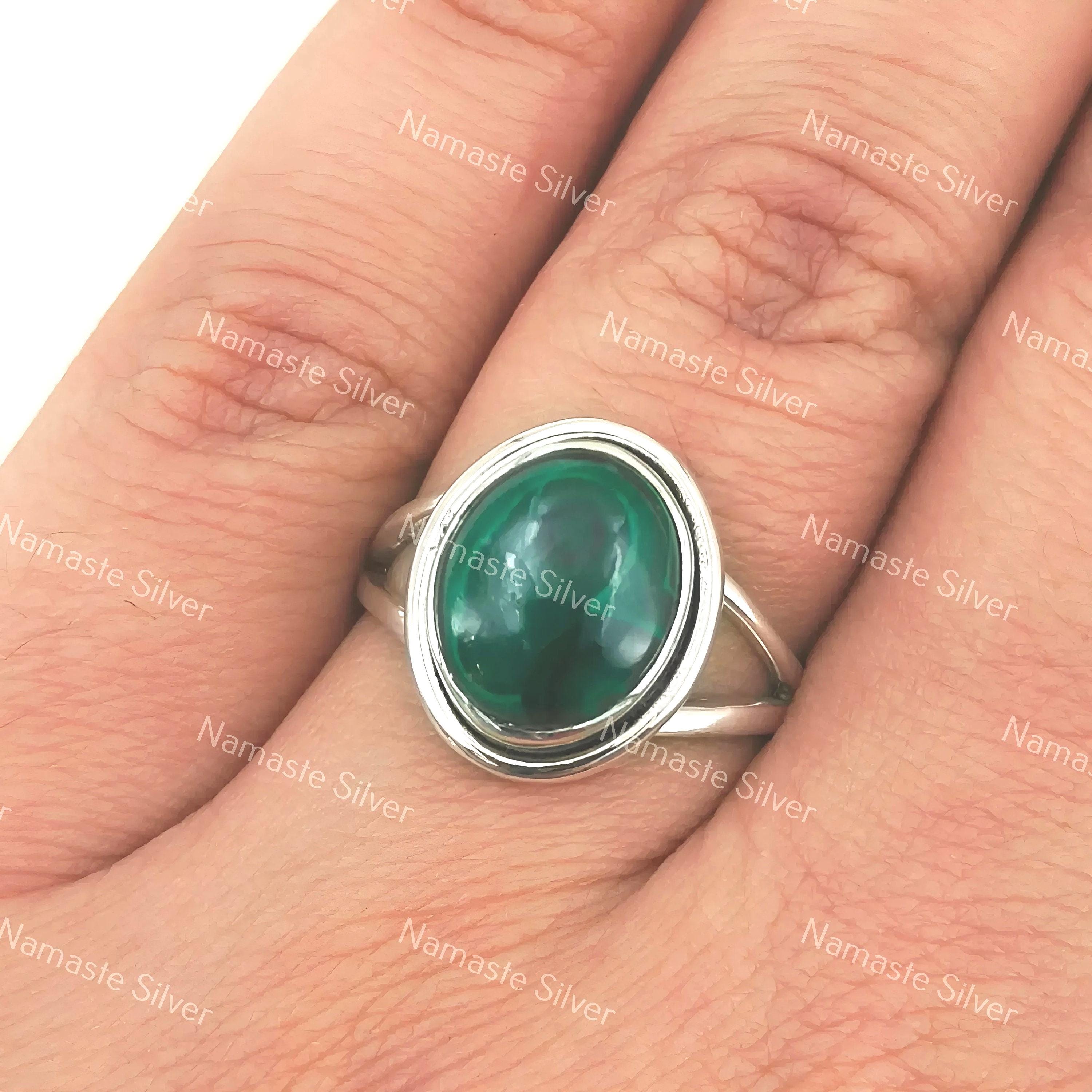 Malachite Ring, 925 Sterling Silver Statement Promise Ring, Natural Green Gemstone Oval Handmade Jewelry, April Birthstone, Gift For Her