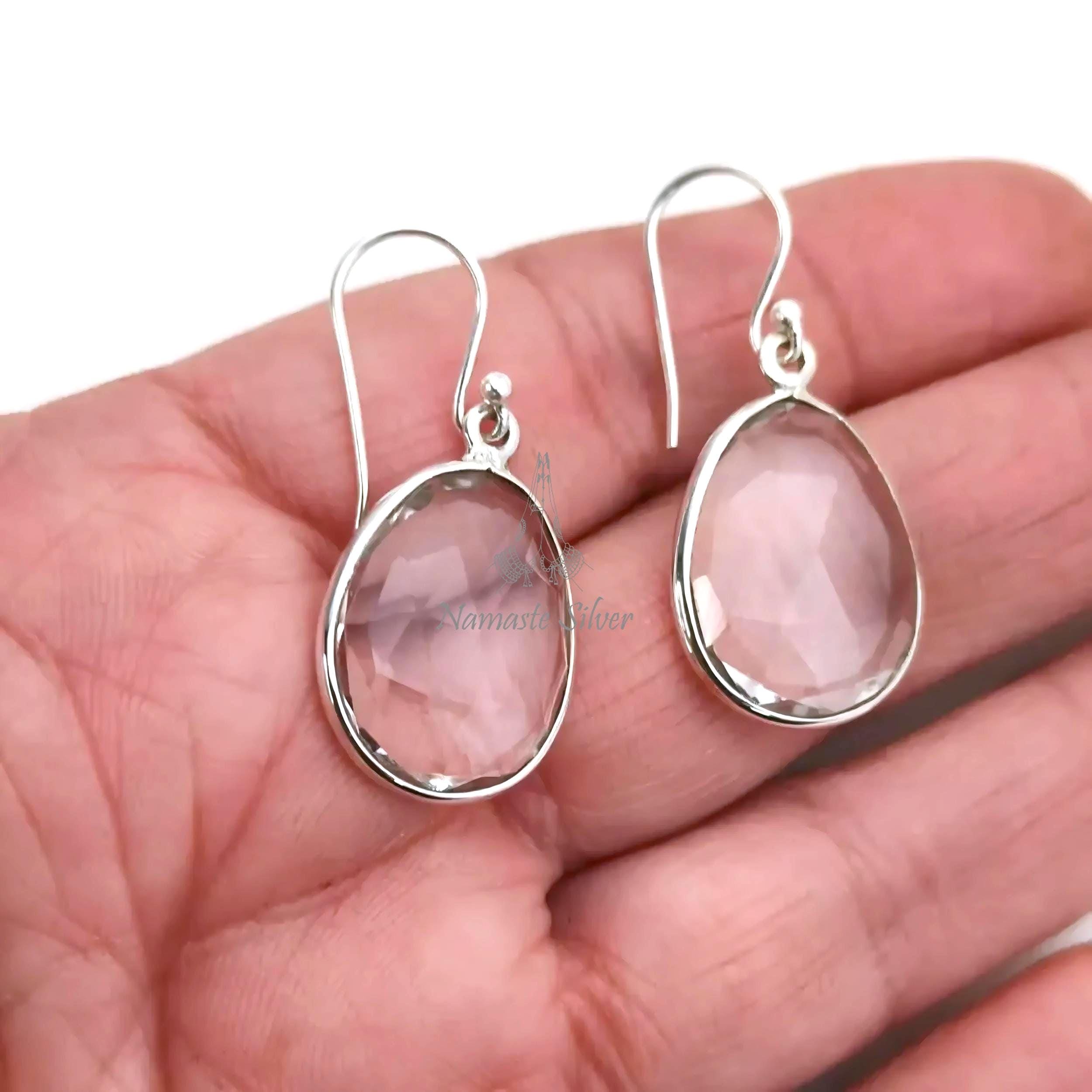 Clear Quartz Earrings, 925 Sterling Silver Dangle Drop Earrings, Natural Clear Quartz Checker Oval Gemstone Handmade Jewelry, Gift For Her