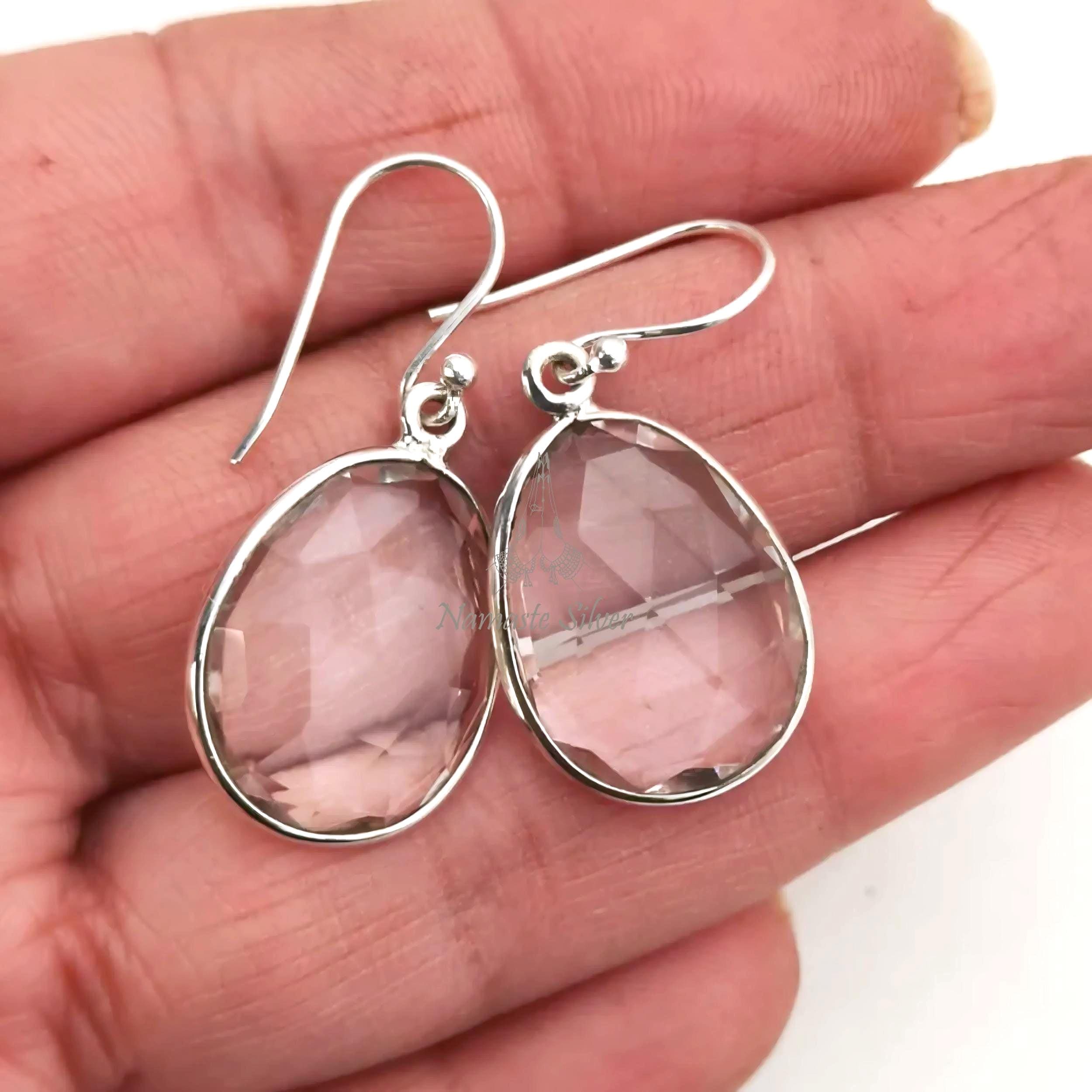 Clear Quartz Earrings, 925 Sterling Silver Dangle Drop Earrings, Natural Clear Quartz Checker Oval Gemstone Handmade Jewelry, Gift For Her