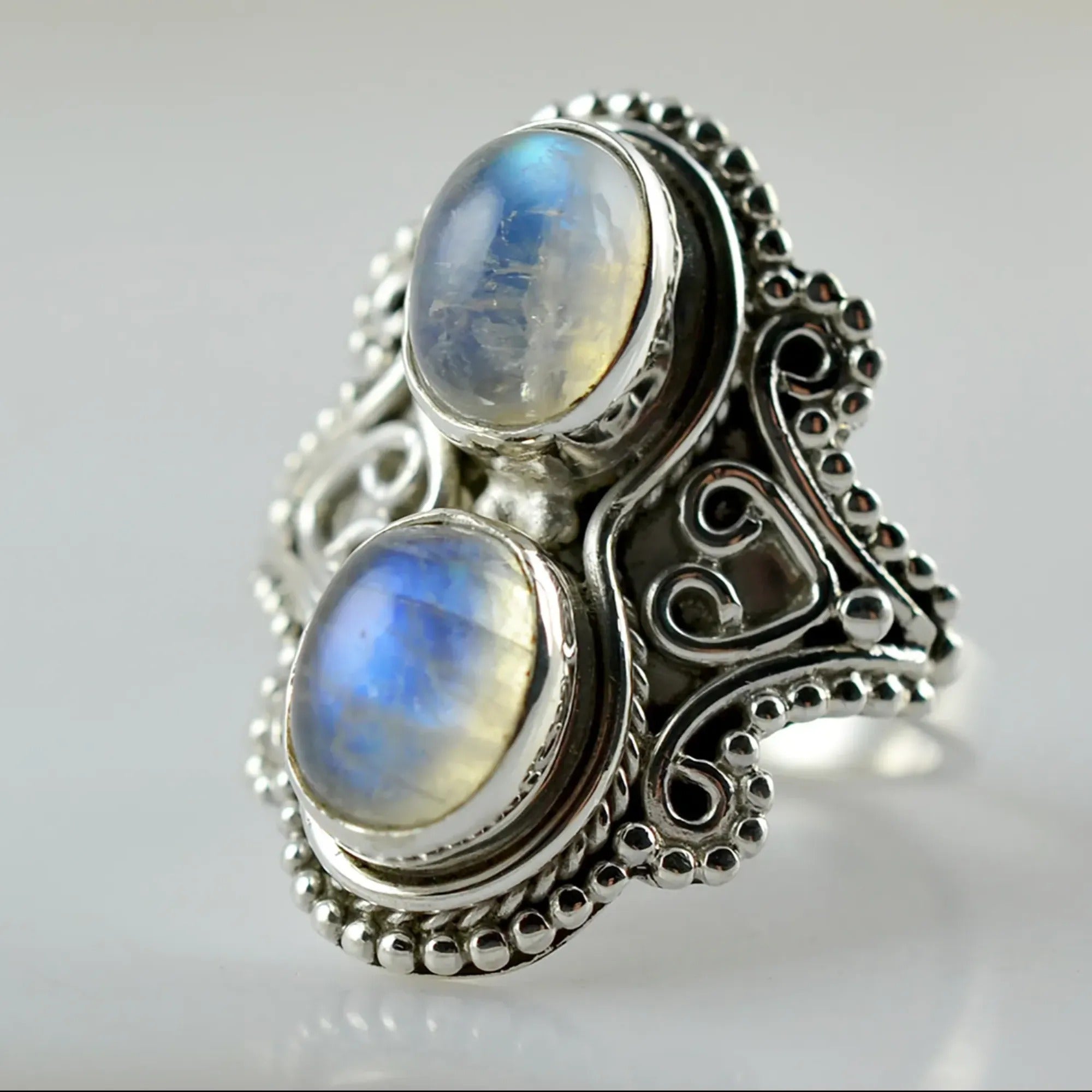 Rainbow Moonstone 925 Sterling Silver Handmade Statement Ring - Boho June Birthstone Jewelry - Perfect Gift for Her Birthday Anniversary Christmas Valentine Day