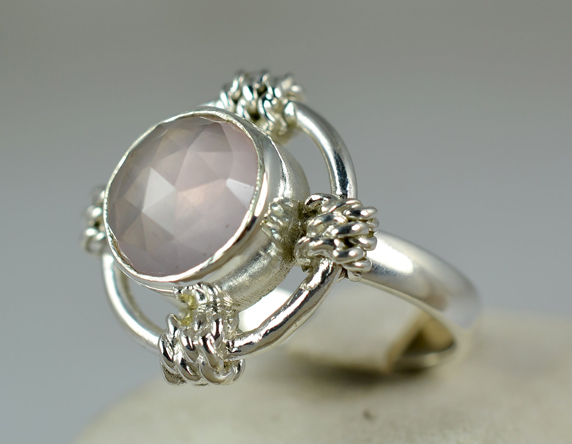 Rose Quartz Round Checker Ring