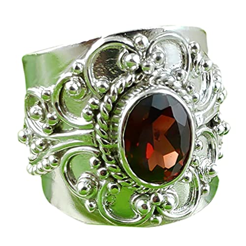 Natural Garnet Oval Silver Ring, Navya Craft 925 Sterling Silver Garnet Handmade Women Ring Sizes 4 to 14 US