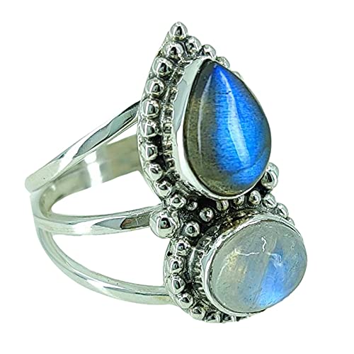 Rainbow Moonstone and Labradorite 925 Sterling Silver Handmade Ring - Boho December Birthstone Jewelry - Perfect Gift for Her Birthday Anniversary Christmas Valentine Turquoise Ring