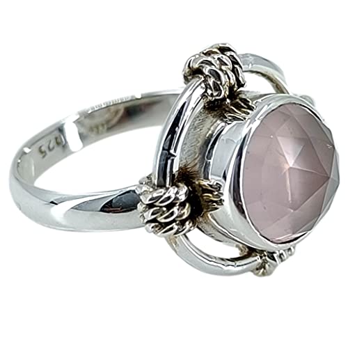 Rose Quartz Round Shape 925 Sterling Silver Handmade Ring - Boho January Birthstone Jewelry - Perfect Gift for Her Birthday Anniversary Christmas Valentine Day