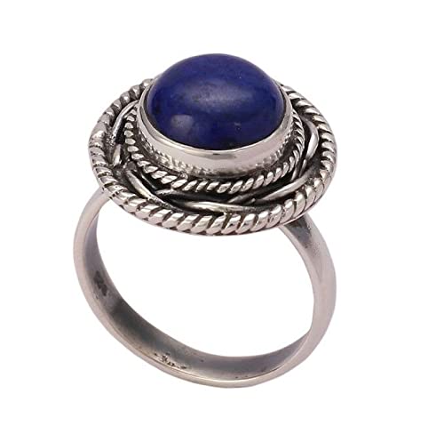 Lapis Lazuli 925 Sterling Silver Handmade Statement Ring - Natural Blue Round shape Gemstone Boho September Birthstone Jewelry - Perfect Gift for Her Birthday Anniversary Christmas Valentine Day