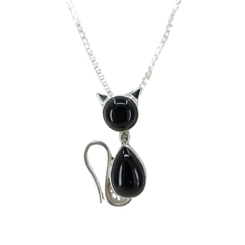 Navya Craft Black Onyx 925 Sterling Silver Handmade Cat Design Pendant Chain Necklace length 16 to 24 Inches Gift Her Anniversary Birthday Valentine's Day