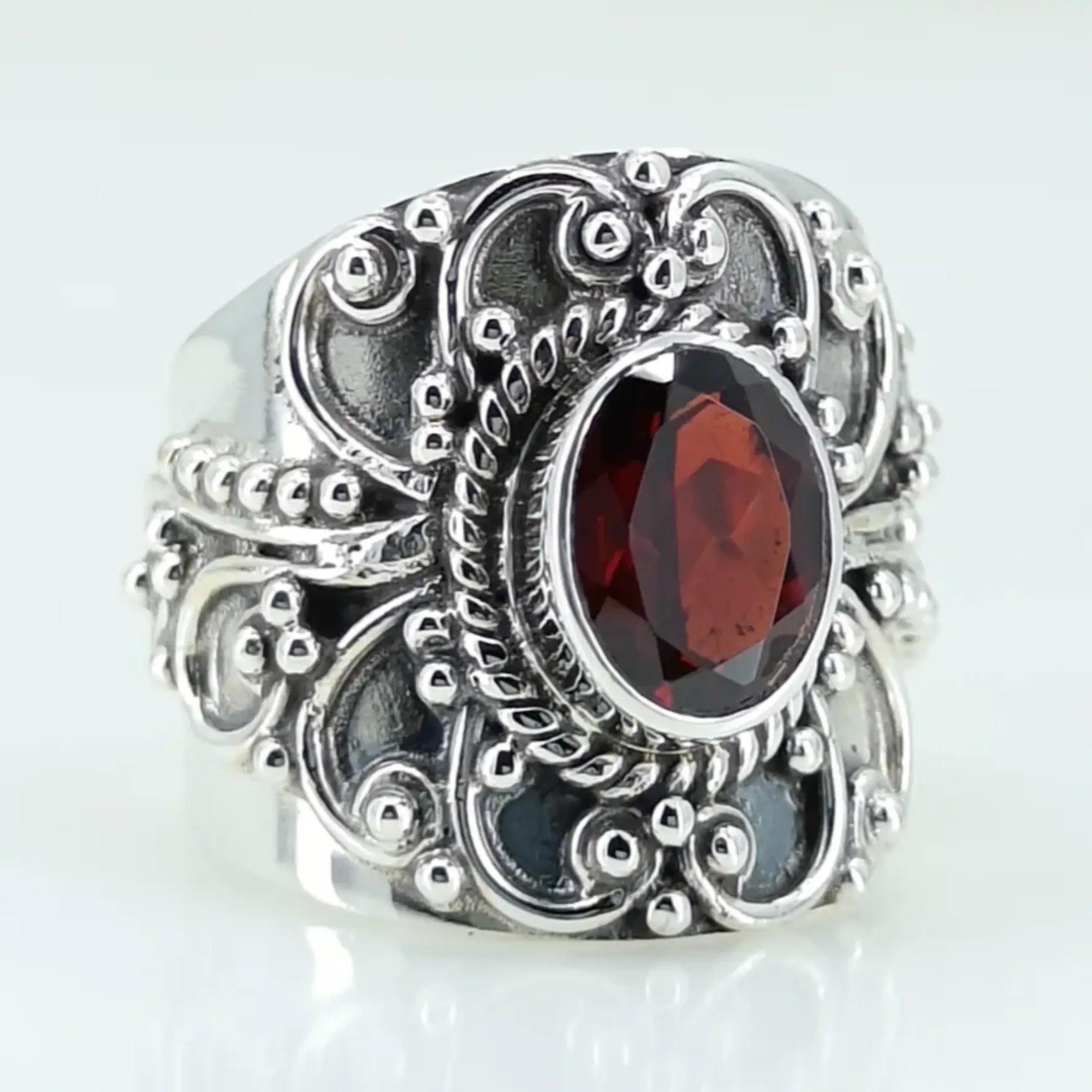 Natural Garnet Oval Silver Ring, Navya Craft 925 Sterling Silver Garnet Handmade Women Ring Sizes 4 to 14 US