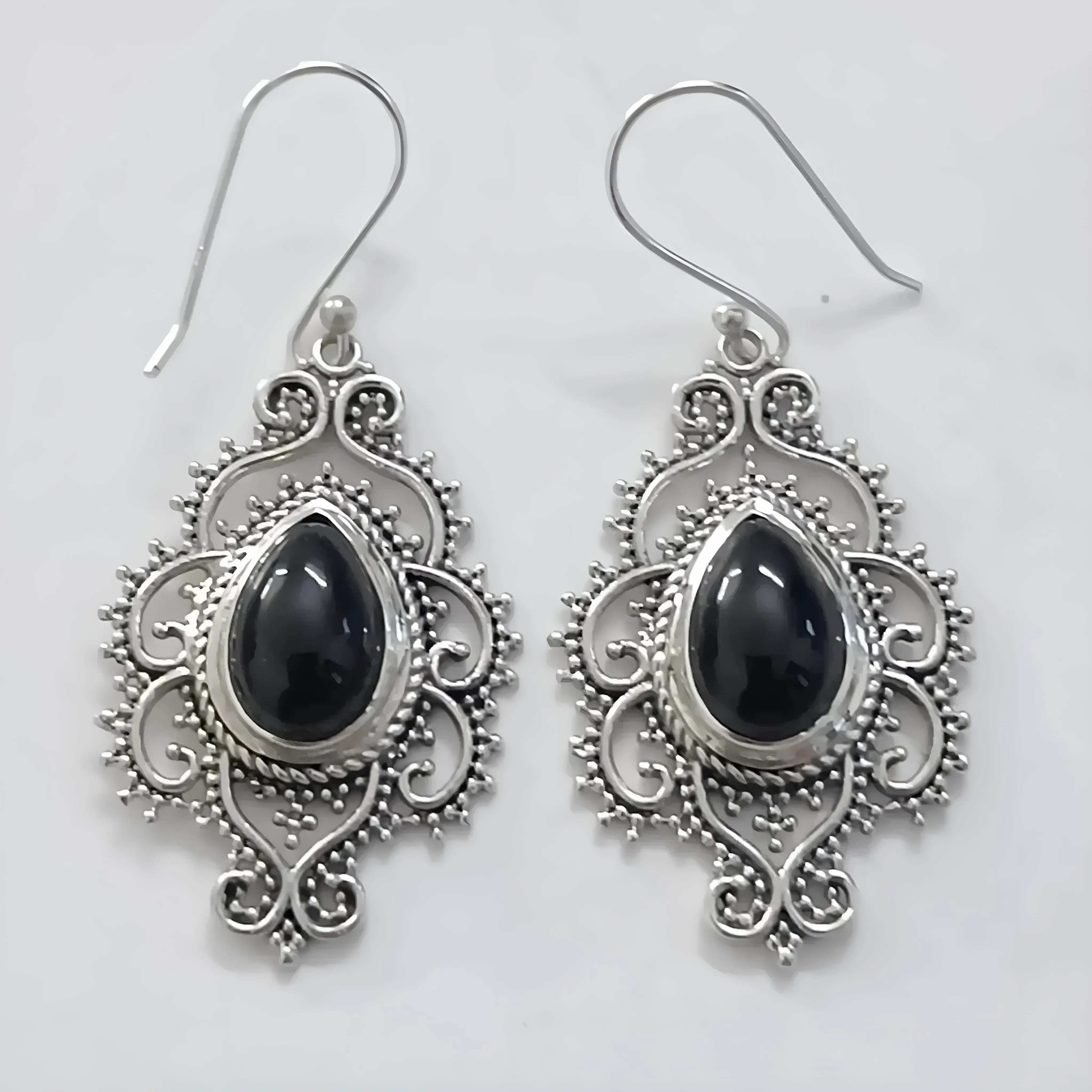 Natural Black Onyx Silver Dangle Earrings - 925 Sterling Silver Handmade Pear Shape Jewelry - Boho Chic - Anniversary Valentine's Day Gift for her