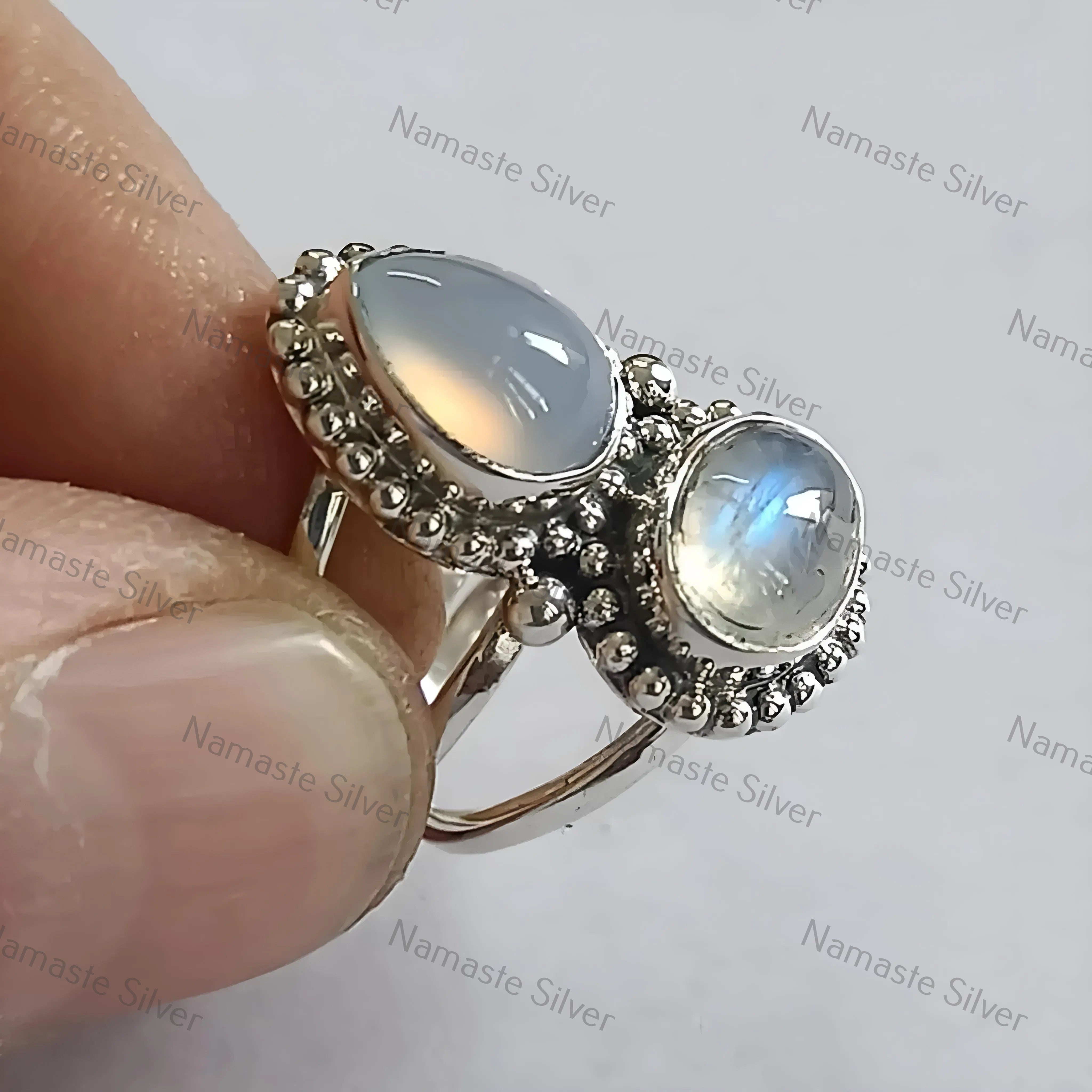 Chalcedony & Rainbow Moonstone Sterling Silver Ring, Natural Mystical Dual Gemstone Boho Handmade Statement Jewelry Gift for Her