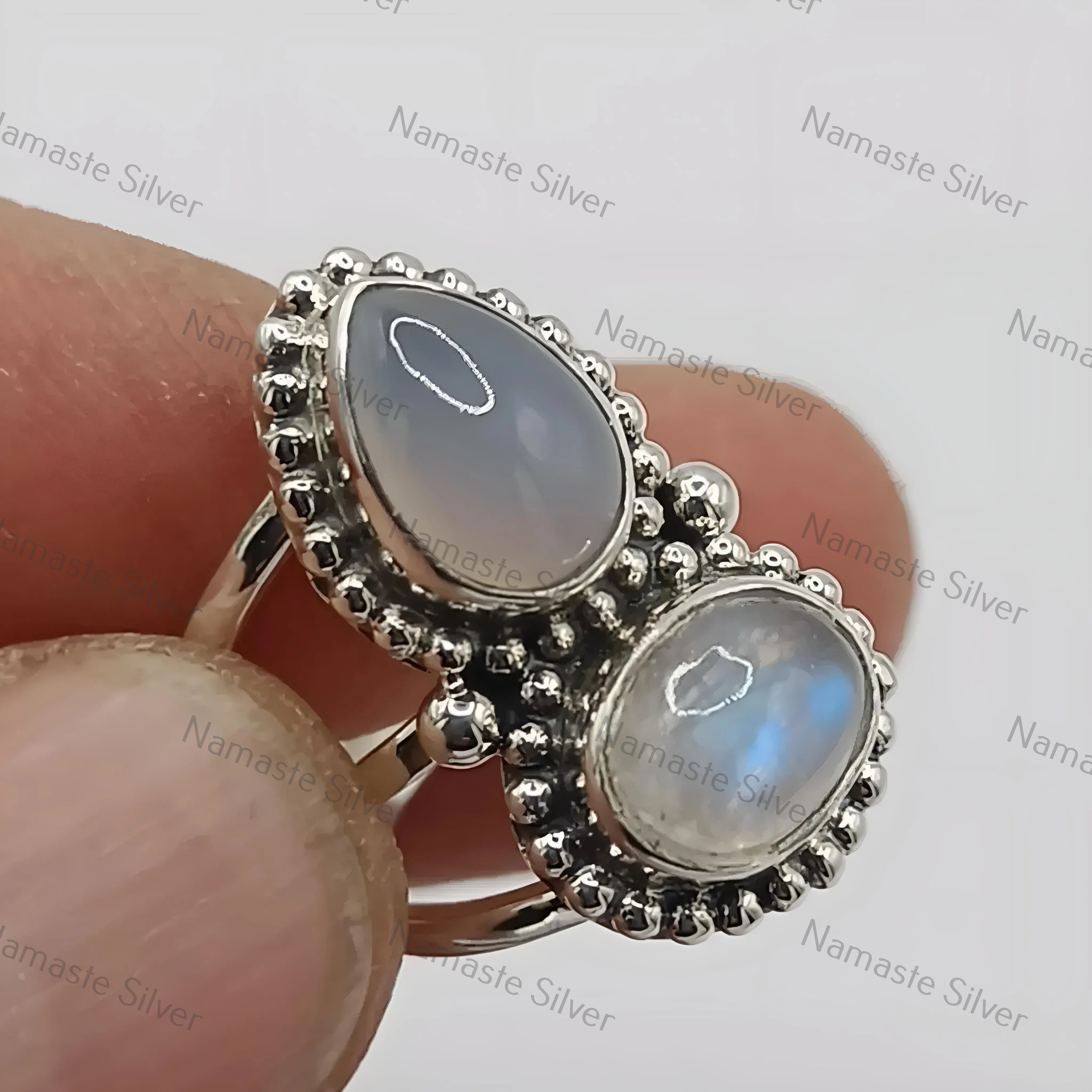 Chalcedony & Rainbow Moonstone Sterling Silver Ring, Natural Mystical Dual Gemstone Boho Handmade Statement Jewelry Gift for Her