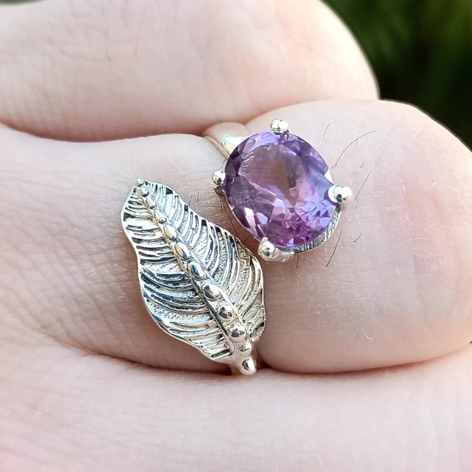 Amethyst Leaf Ring, 925 Sterling Silver Handmade Promise Adjustable Ring, Natural Purple Gemstone Oval Jewelry, February Birthstone Gift