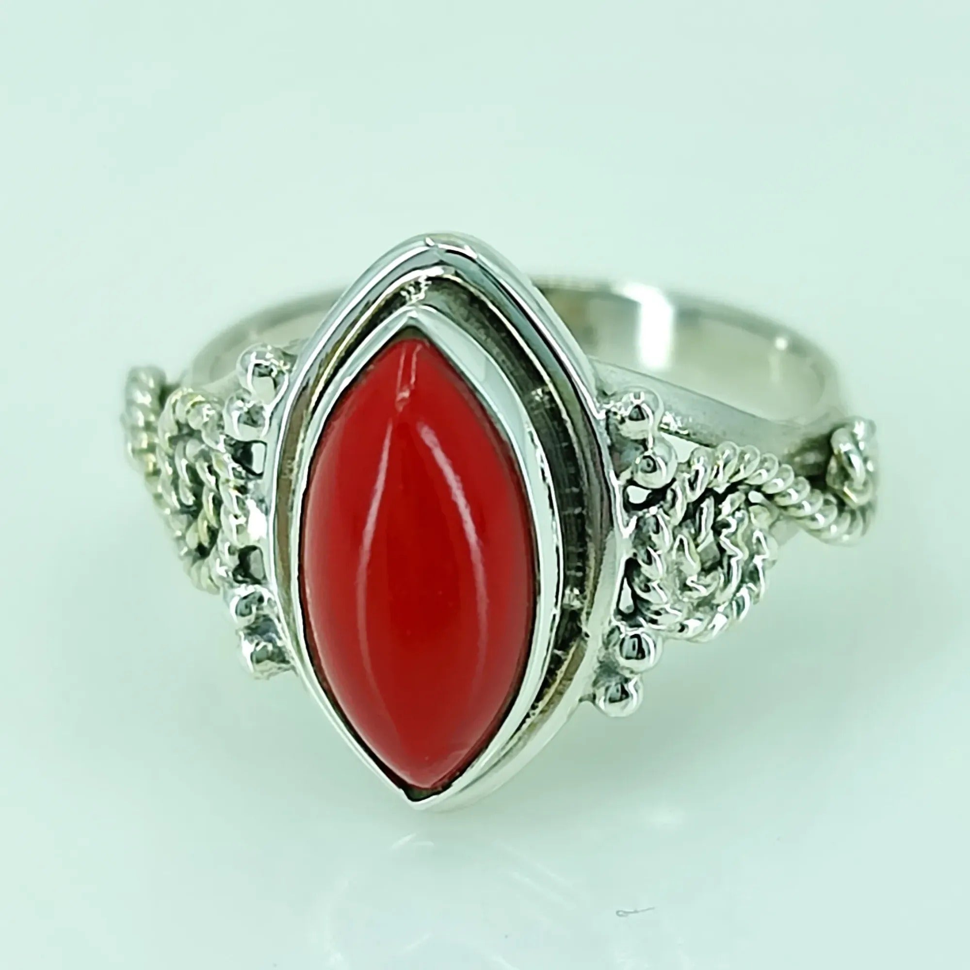 Coral Silver Ring, 925 Sterling Silver, Handmade Ring, Red Coral Gemstone, Marquise Shape Coral, Coral Silver Jewelry, Red Coral Silver Ring