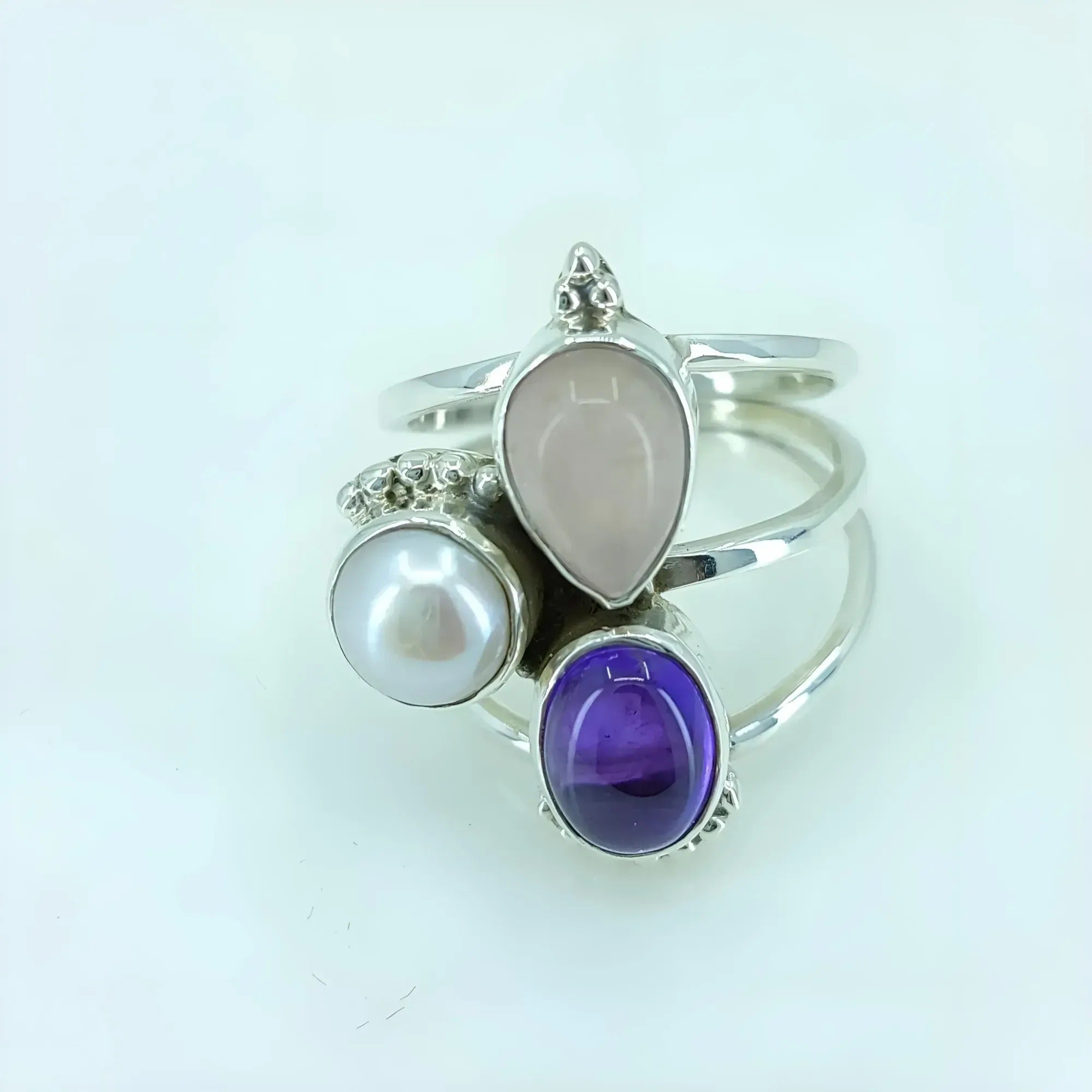 Navya Craft Triple Gemstone Amethyst, Rose Quartz, Pearl 925 Sterling Silver Handmade Statement Ring boho ring Custom Size 4 to 13 Christmas Anniversary Birthday Valentine Day Gift wife