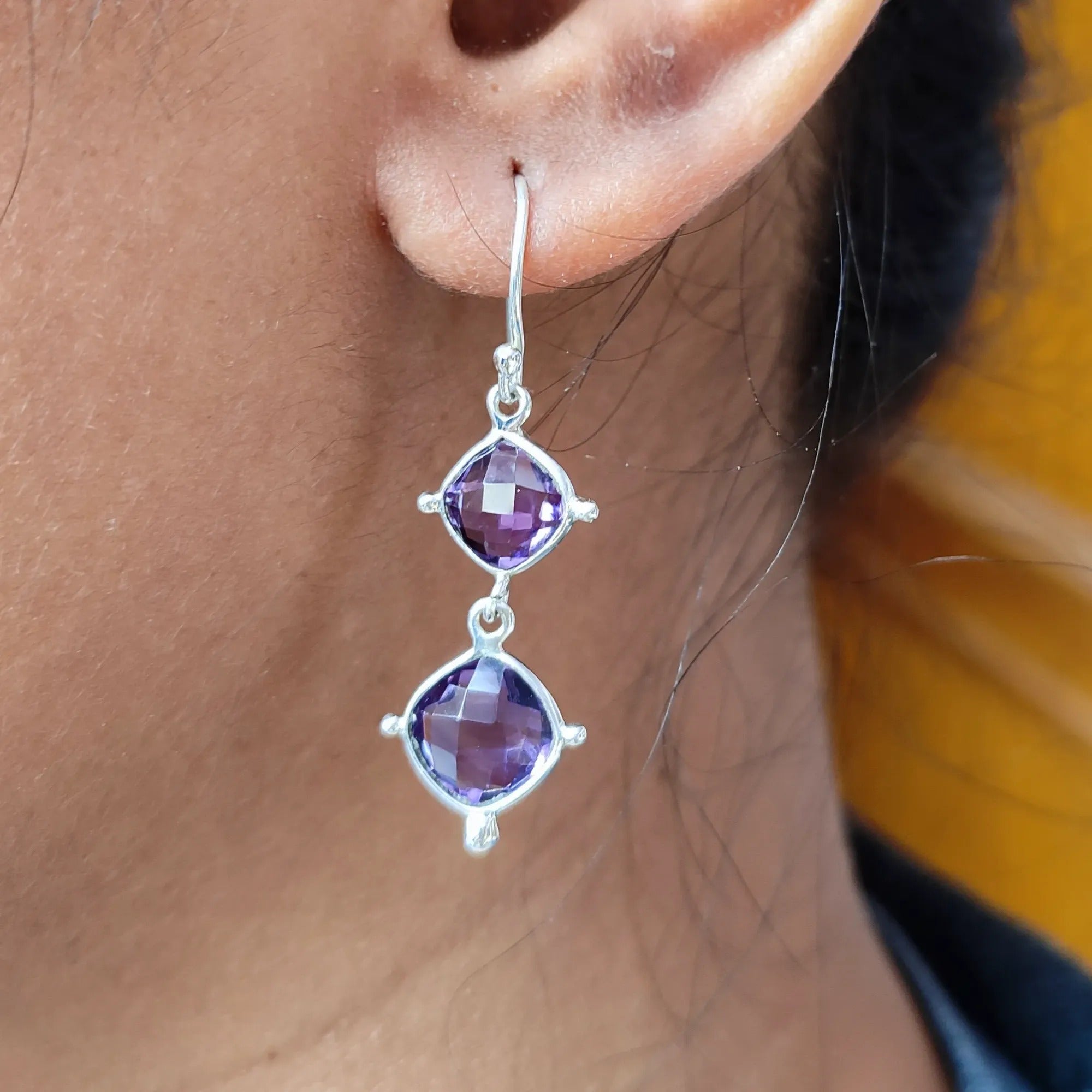 Natural Amethyst Drop Earrings In 925 Sterling Silver - Handcrafted Dangle Gemstone