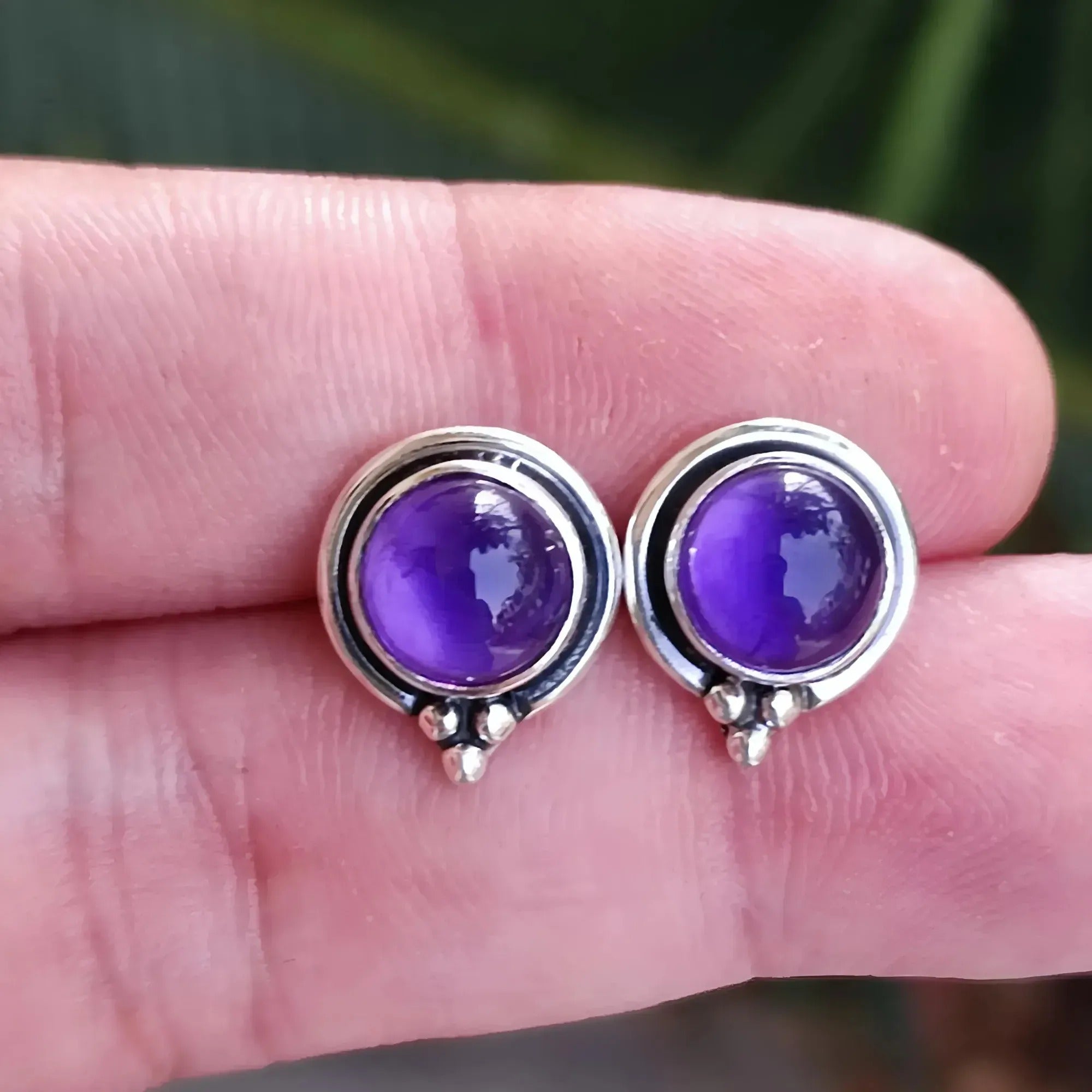 Amethyst Stud Earrings, 925 Sterling Silver Handmade Round Stud Posts, Natural Purple Gemstone Jewelry, February Birthstone, Gift for Her