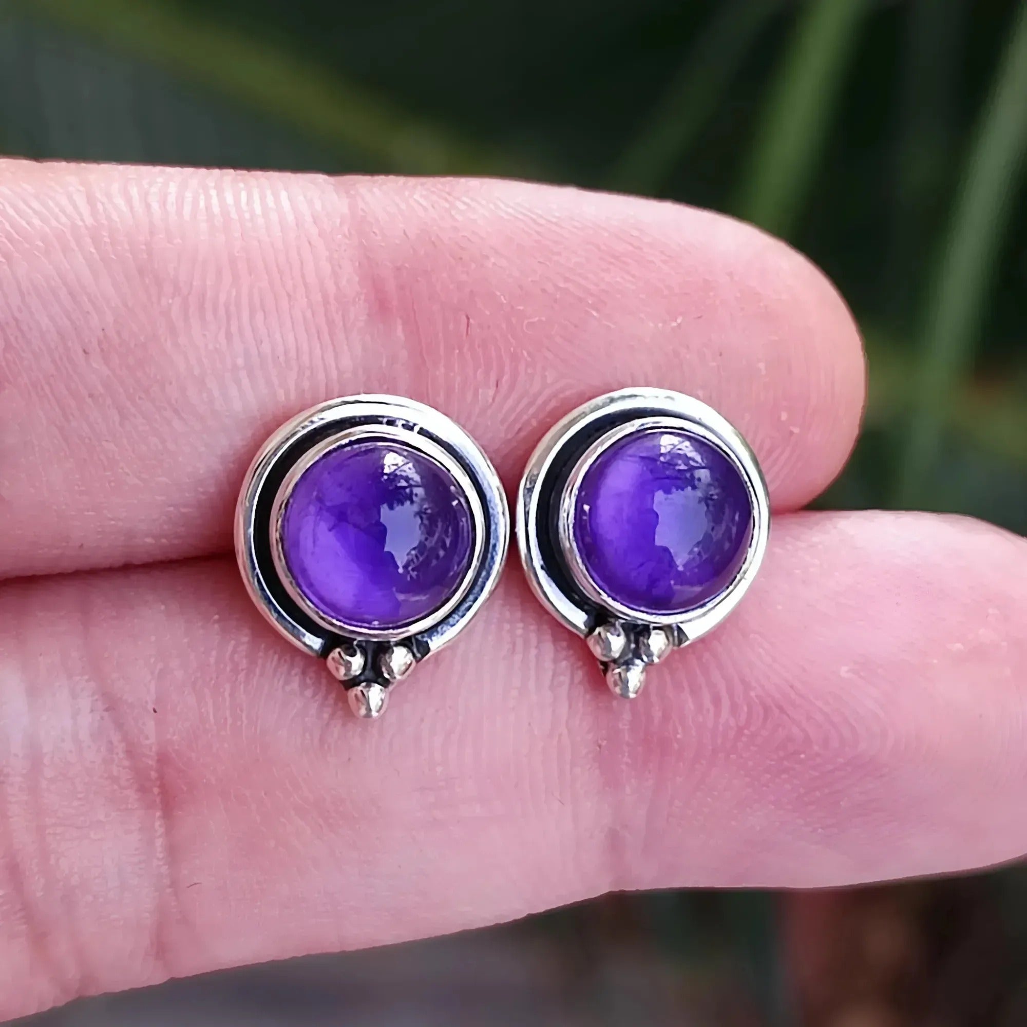 Amethyst Stud Earrings, 925 Sterling Silver Handmade Round Stud Posts, Natural Purple Gemstone Jewelry, February Birthstone, Gift for Her