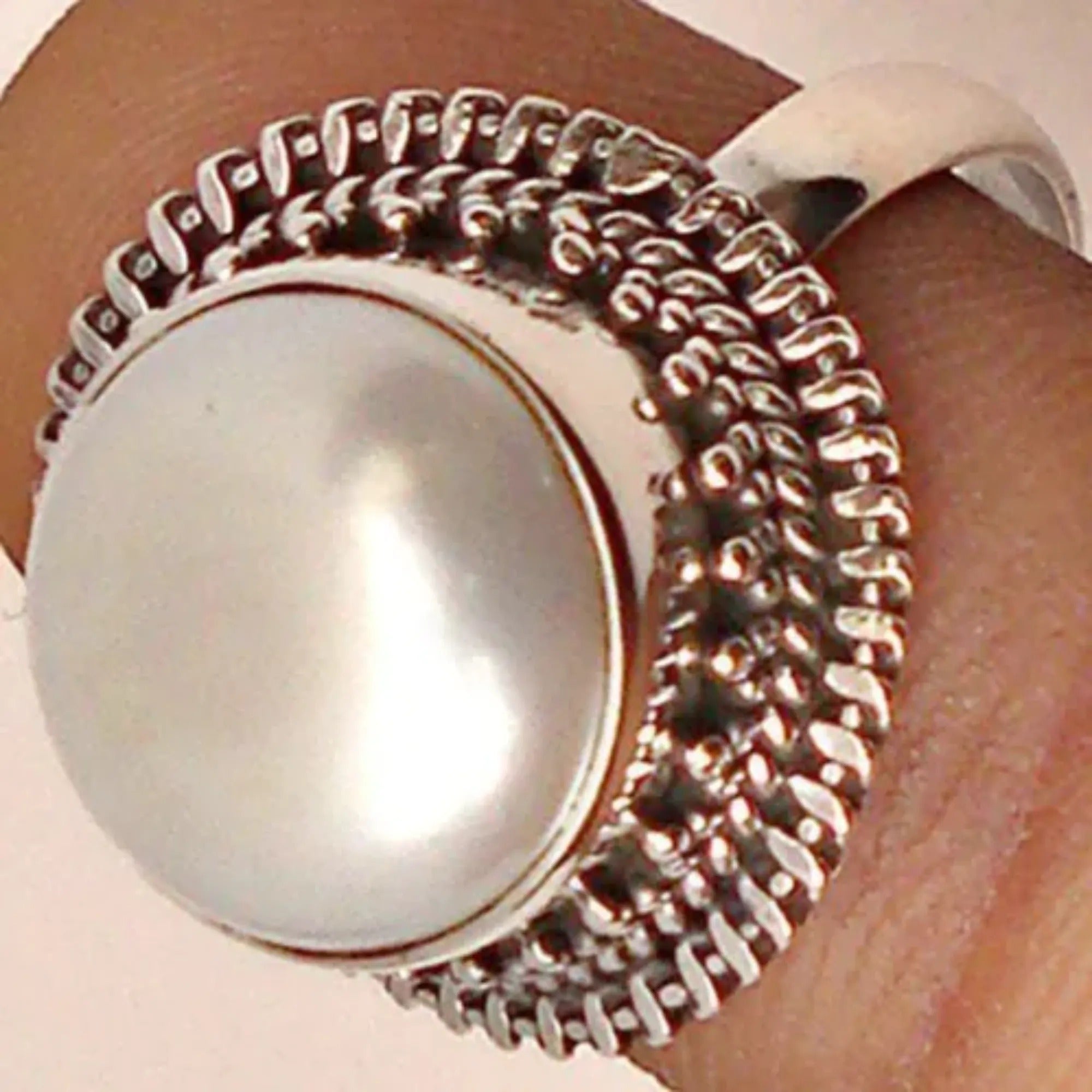 Freshwater Coin Pearl 925 Sterling Silver Handmade Statement Ring- Round Coin Pearl Boho June Birthstone Jewelry - Perfect Gift for Her Birthday Anniversary Christmas Valentine Day