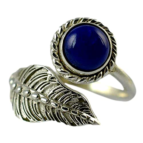 Lapis Lazuli 925 Sterling Silver Handmade Leaf Ring - Natural Blue round Shape Gemstone Boho September Birthstone Jewelry - Perfect Gift for Her Birthday Anniversary Christmas Valentine Day