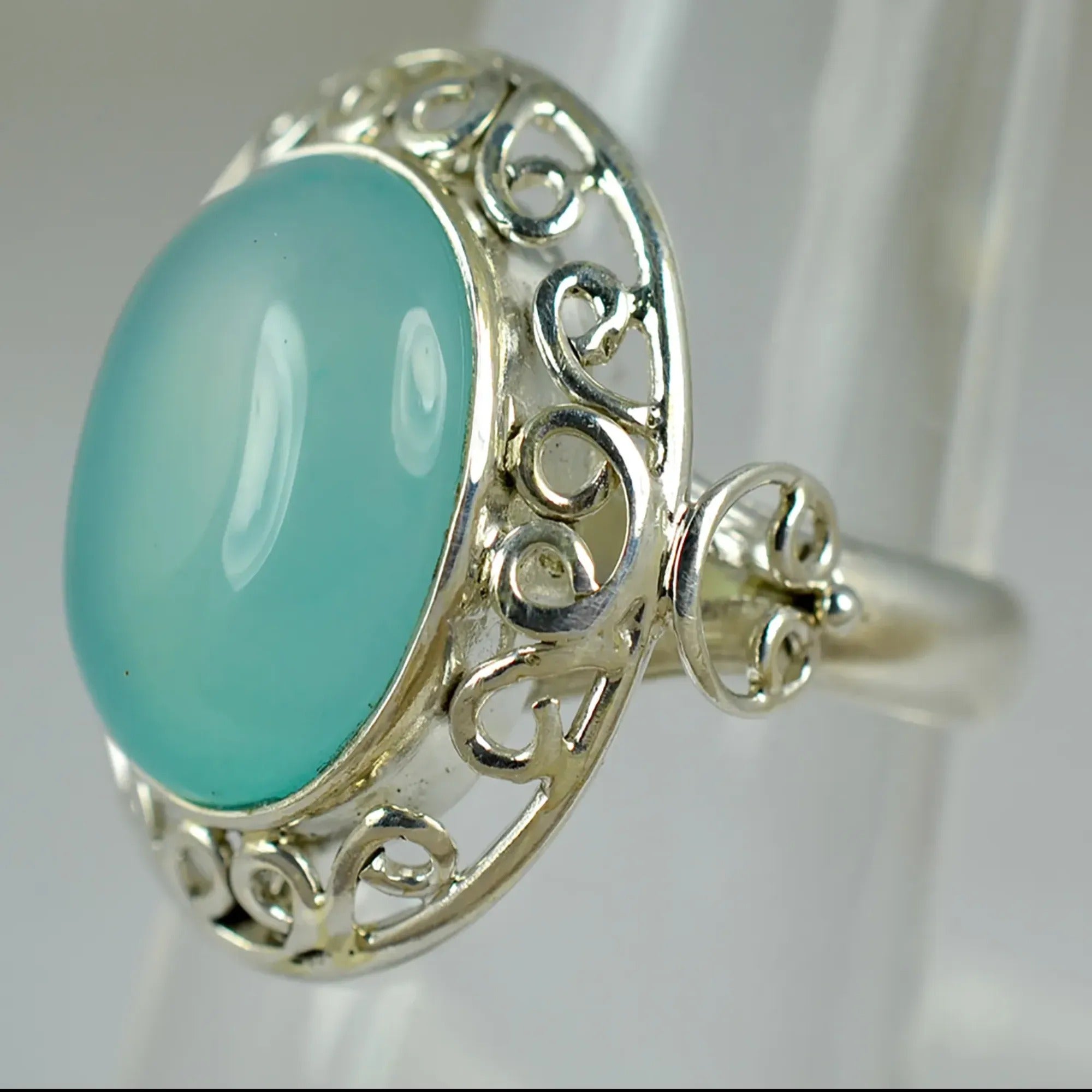 Navya Craft Chalcedony Silver Ring 925 Sterling Silver Handmade Jewelry Boho Ring Jewelry March Birthstone Month Custom US Ring Size 4 to 13