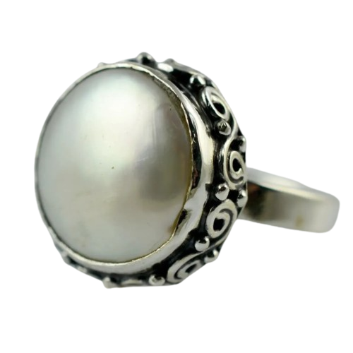 Coin Pearl Ring, 925 Sterling Silver Handmade Statement Promise Ring for Women, Freshwater Pearl Jewelry, June Birthstone, Boho Gift for Her