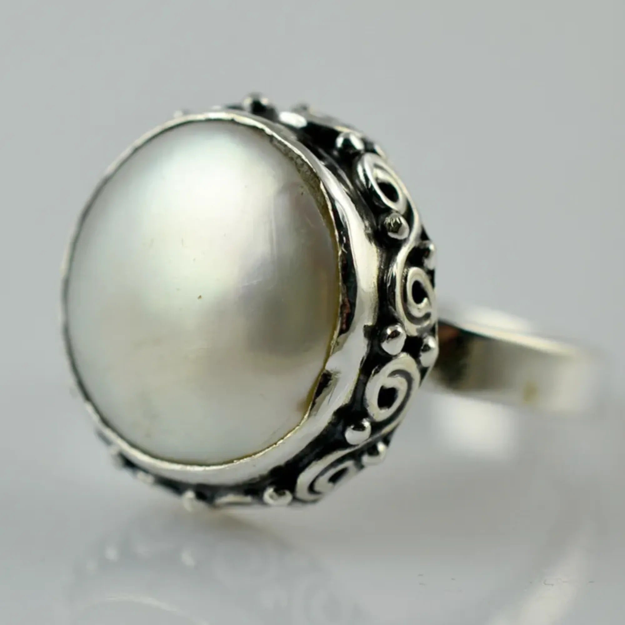 Coin Pearl Ring, 925 Sterling Silver Handmade Statement Promise Ring for Women, Freshwater Pearl Jewelry, June Birthstone, Boho Gift for Her