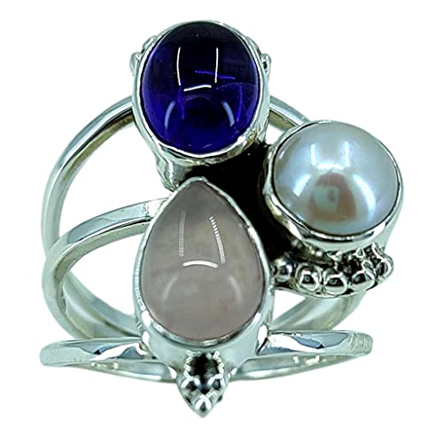 Navya Craft Triple Gemstone Amethyst, Rose Quartz, Pearl 925 Sterling Silver Handmade Statement Ring boho ring Custom Size 4 to 13 Christmas Anniversary Birthday Valentine Day Gift wife