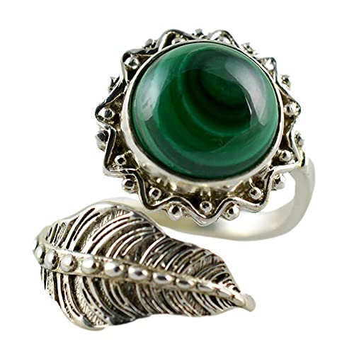 Navya Craft Malachite Round 925 Sterling Silver Handmade Statement Women Adjustable Leaf Ring, Green Gemstone Ring for Christmas Anniversary Birthday Valentine day Gift wife her mother