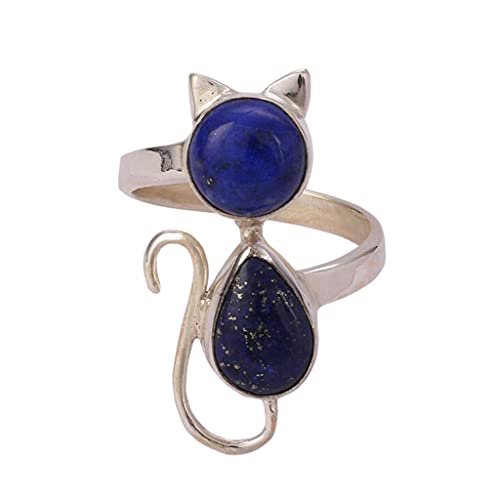 Lapis Lazuli 925 Sterling Silver Handmade Cat Statement Ring - Natural Blue Pear and Round shape Gemstone Boho September Birthstone Jewelry - Perfect Gift for Her Birthday Anniversary Christmas Valentine Day