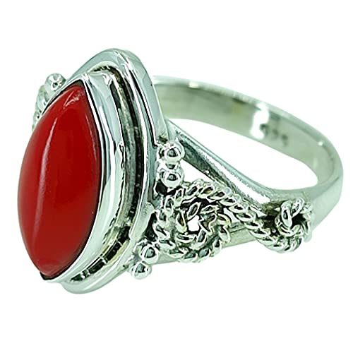 Coral Silver Ring, 925 Sterling Silver, Handmade Ring, Red Coral Gemstone, Marquise Shape Coral, Coral Silver Jewelry, Red Coral Silver Ring