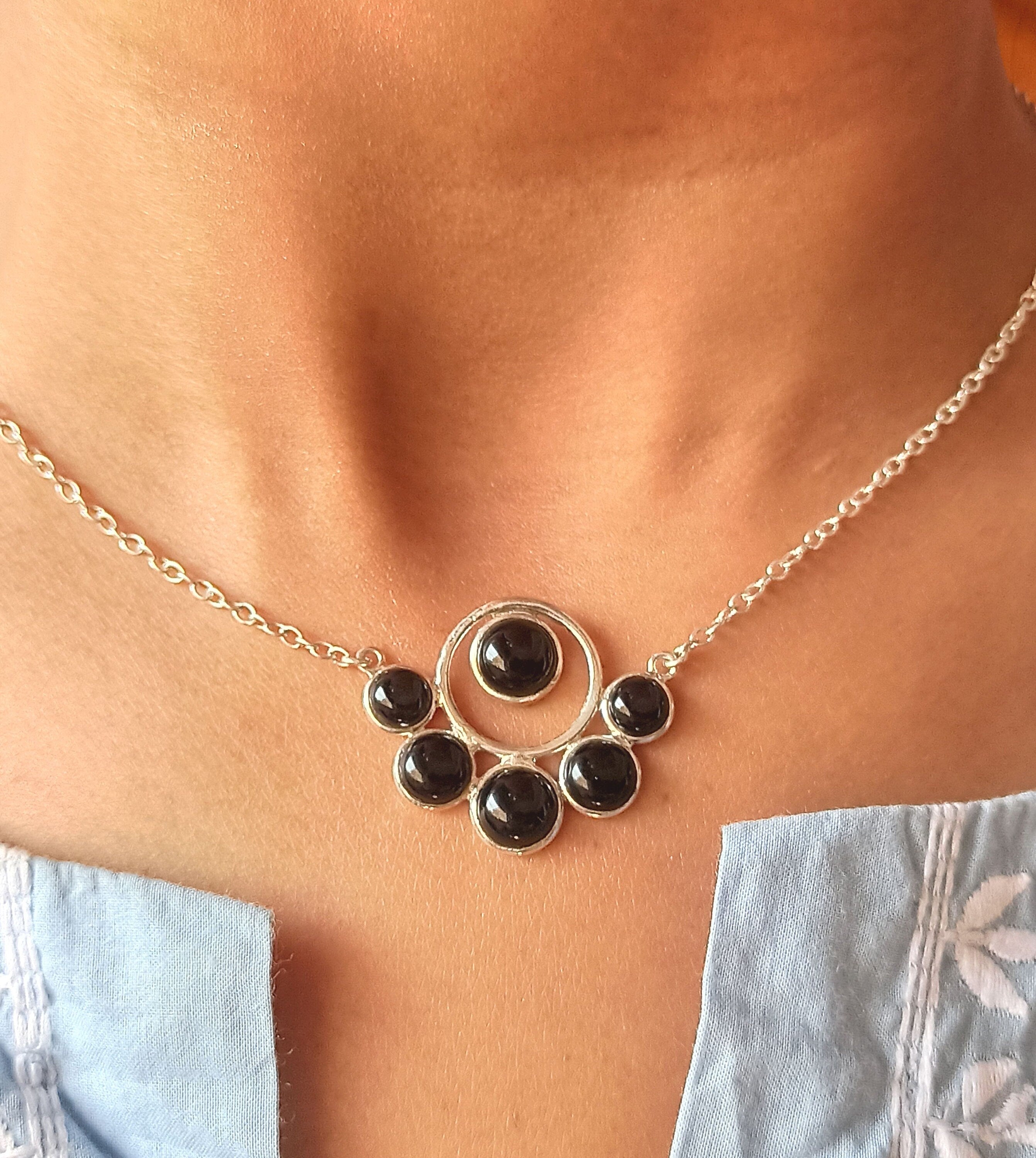 Black Onyx Sterling Silver Handmade Pendant Chain Boho Necklace for Women Gift for Her Birthday Anniversary Wedding Christmas Valentine Day