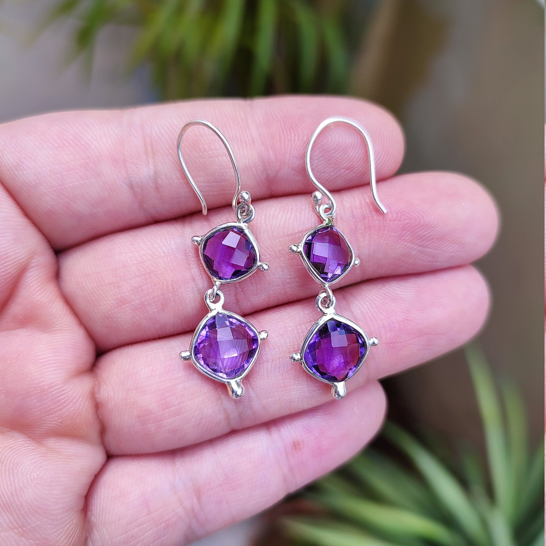 Amethyst Sterling Silver Dangle Earrings, Purple Gemstone Handmade Boho Earrings, Gift for Her Birthday Anniversary Christmas Valentine