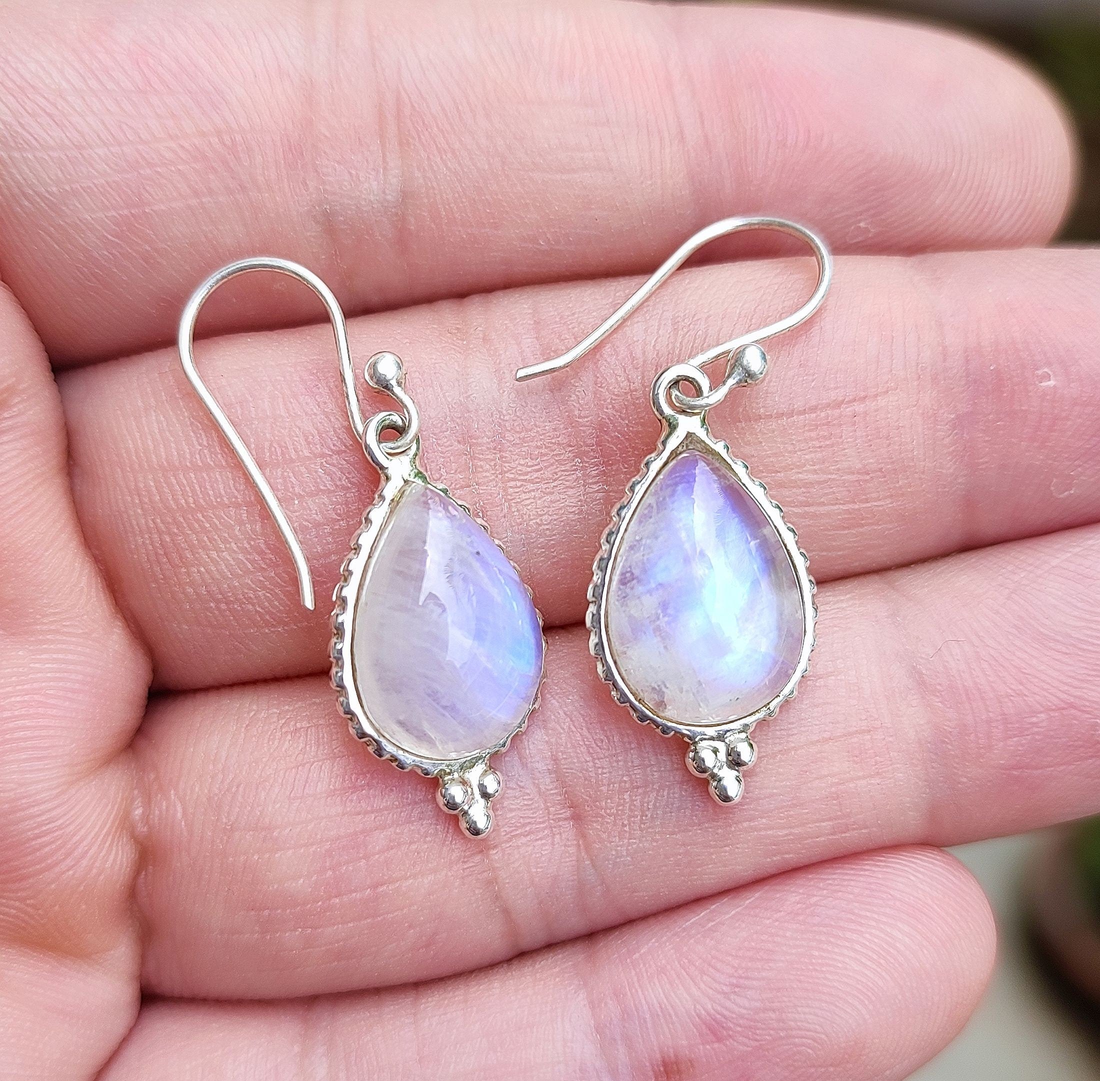 Natural Rainbow Moonstone Earrings, Tear Drop Earrings, Birthstone Earrings, Sterling Silver Earrings, Handmade Earrings, Gift for her