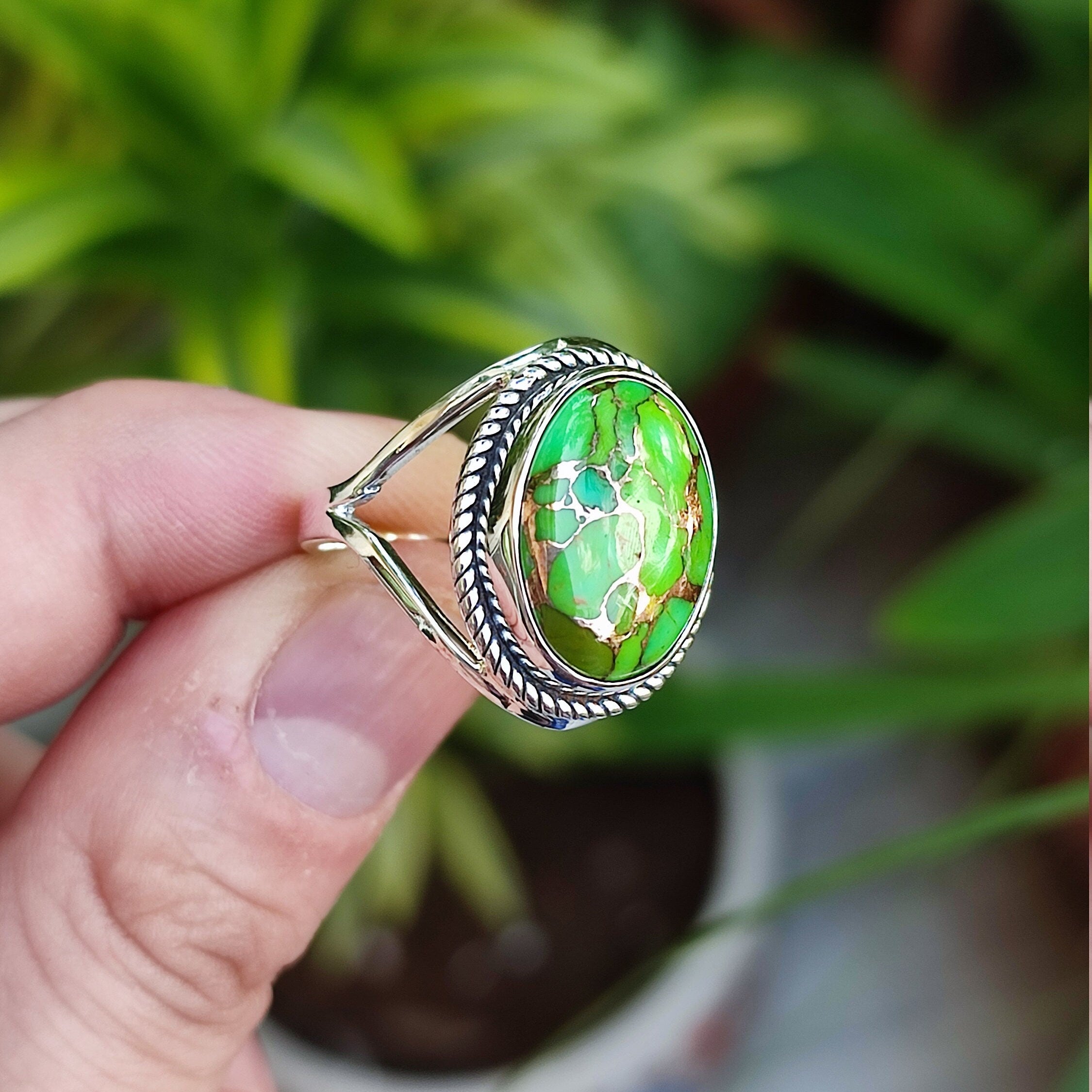 Green Copper Turquoise 925 Sterling Silver Handmade Statement Women Ring, Green Turquoise Silver Ring, Boho Ring, Gift for her