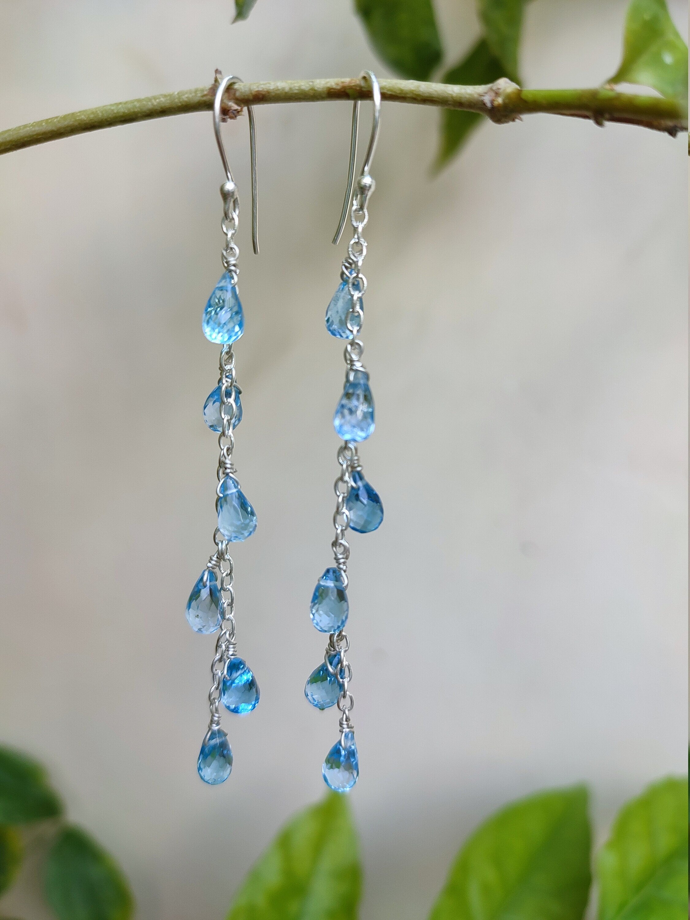 Blue Topaz Teardrop Beads Sterling Silver Handmade Dangle Earrings, Bridal Earrings, Gift for Her, Blue Topaz Silver Earrings