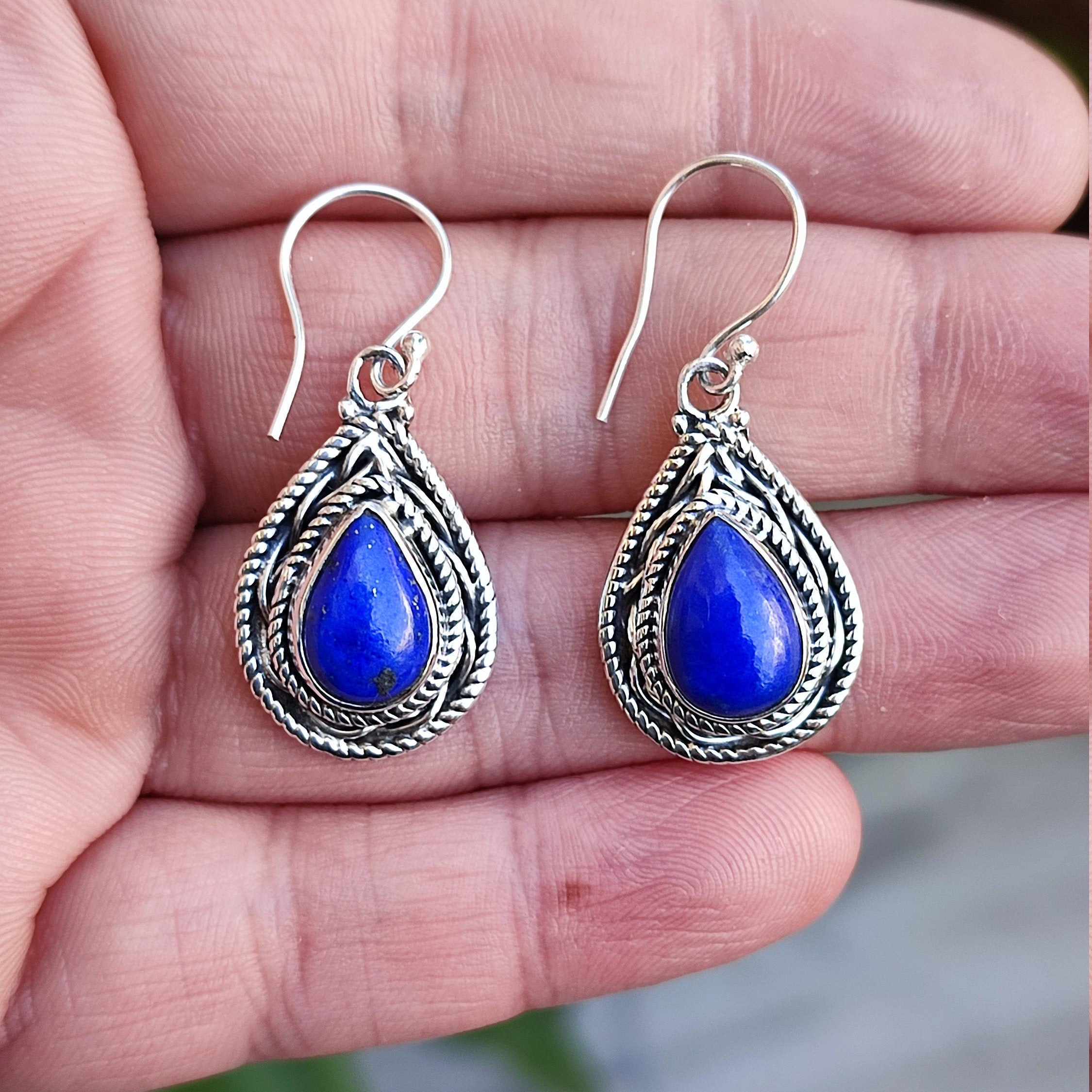 Lapis Lazuli Sterling Silver Handmade Dangle Earrings Pearshape Gemstone Boho Jewelry Gift for Her Birthday Anniversary Valentine Mother Day