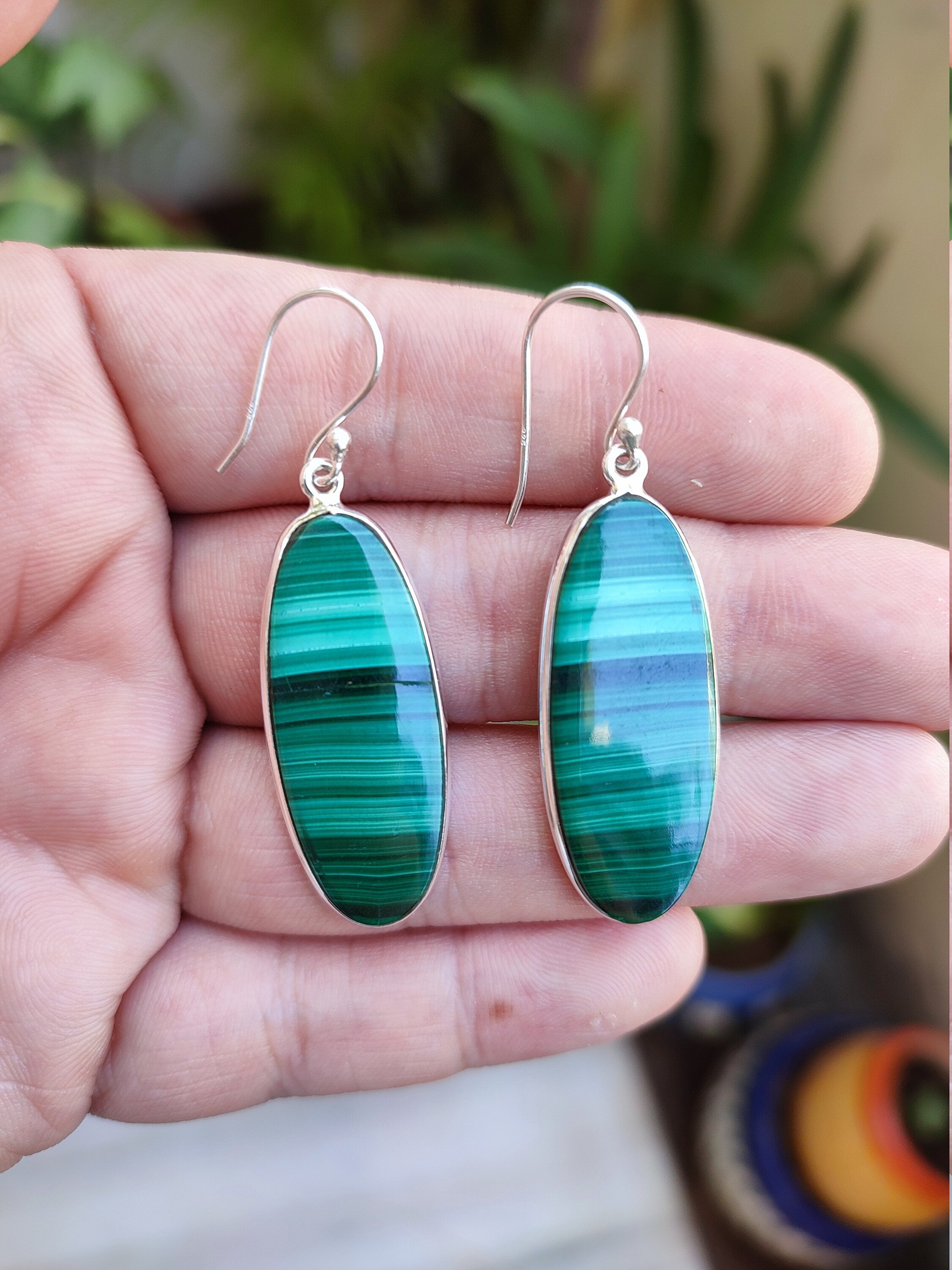 Natural Malachite Oval Silver Dangle Earrings Handmade Gemstone Jewelry Gift for Her Birthday Anniversary Christmas Valentine's Mother's Day