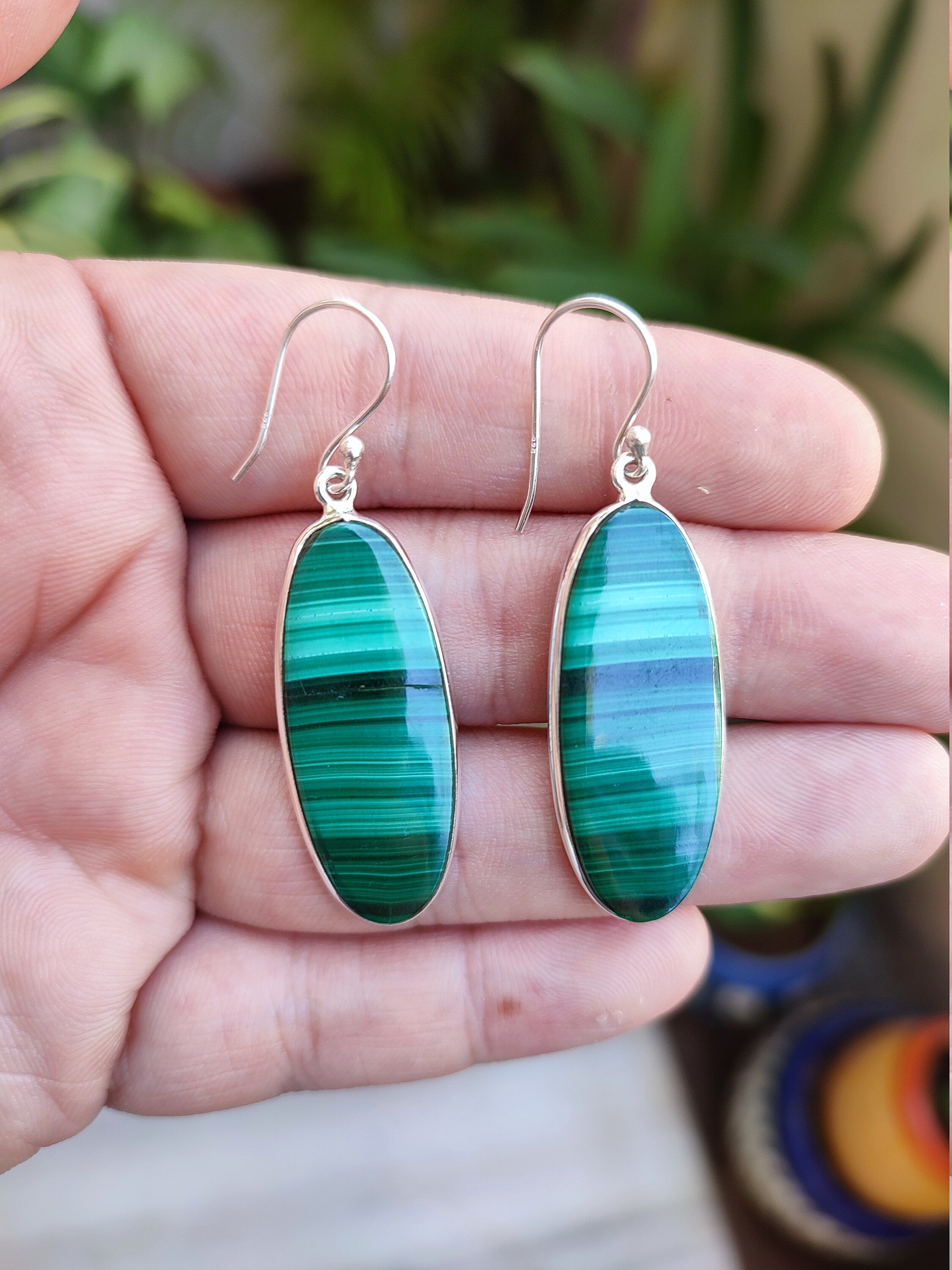 Natural Malachite Oval Silver Dangle Earrings Handmade Gemstone Jewelry Gift for Her Birthday Anniversary Christmas Valentine's Mother's Day