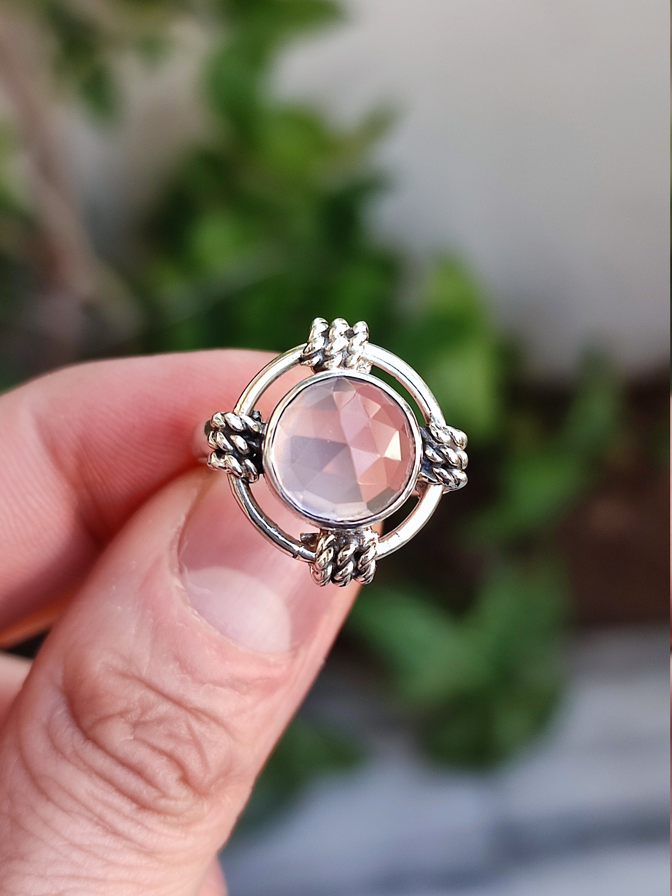 Natural Rose Quartz 925 Solid Sterling Silver Handmade Women Ring,  Rose Quartz Silver Ring,  Pink Gemstone Round Ring, Valentine Gift