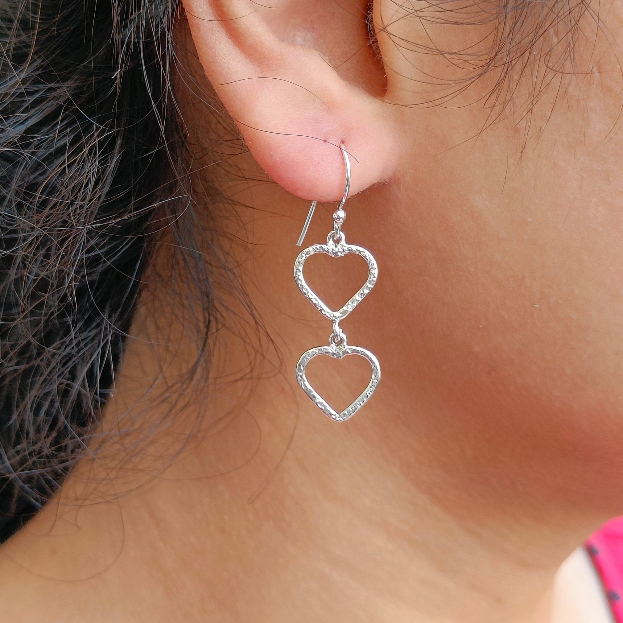 Dual Heart shape Silver Dangle Earrings, 925 Solid Sterling Silver Earrings for Girls, Minimalist Silver Earrings