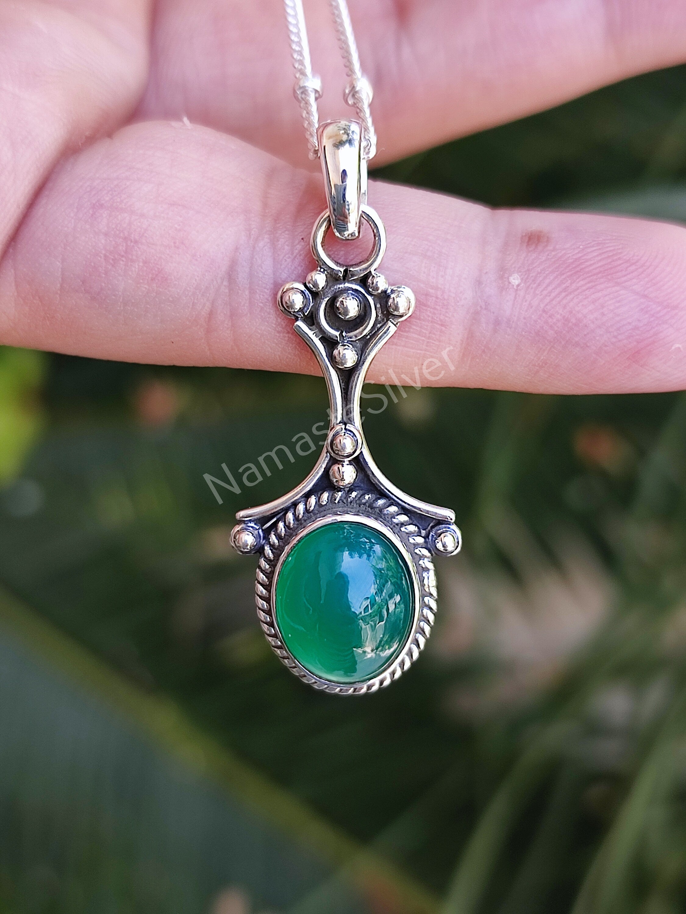 Green Onyx 925 Solid Sterling Silver Necklace for Women, Green Onyx Pendant Chain, Gemstone Necklace, Gift for her, Boho Jewelry