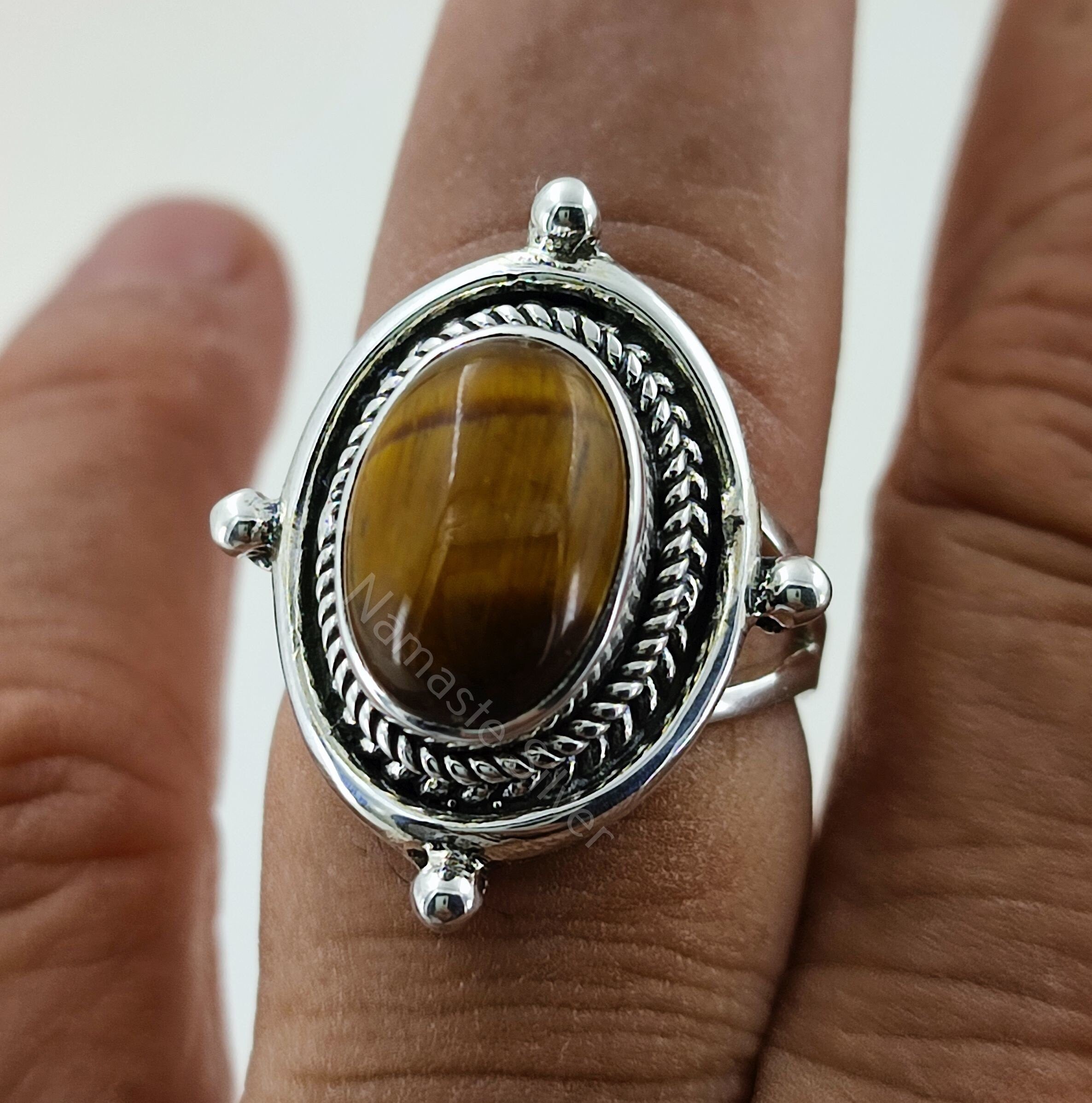 Tiger Eye 925 Sterling Silver Handmade Ring, Tiger Eye Silver Ring, Natural Tiger Eye Oval Ring,  Boho Ring