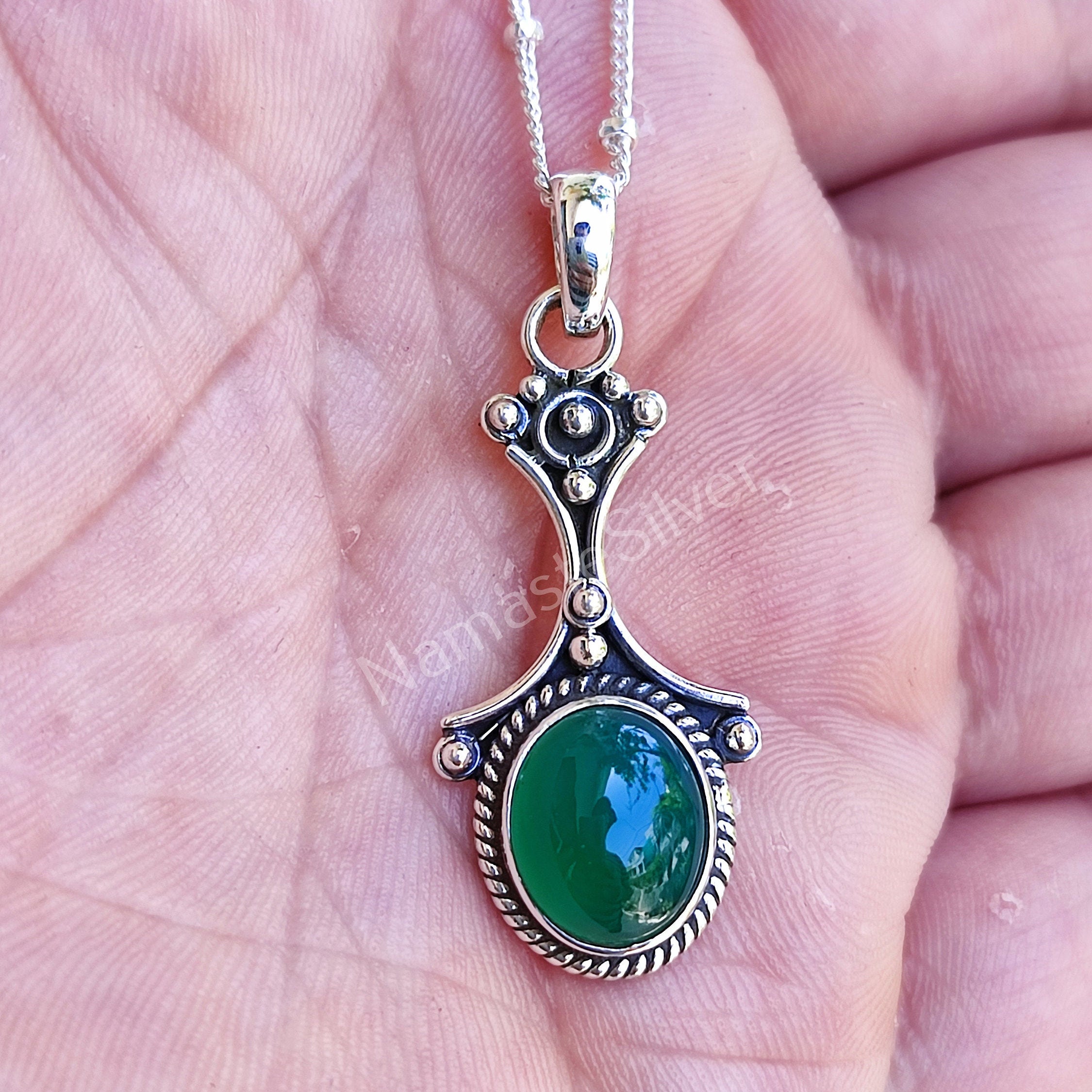 Green Onyx 925 Solid Sterling Silver Necklace for Women, Green Onyx Pendant Chain, Gemstone Necklace, Gift for her, Boho Jewelry