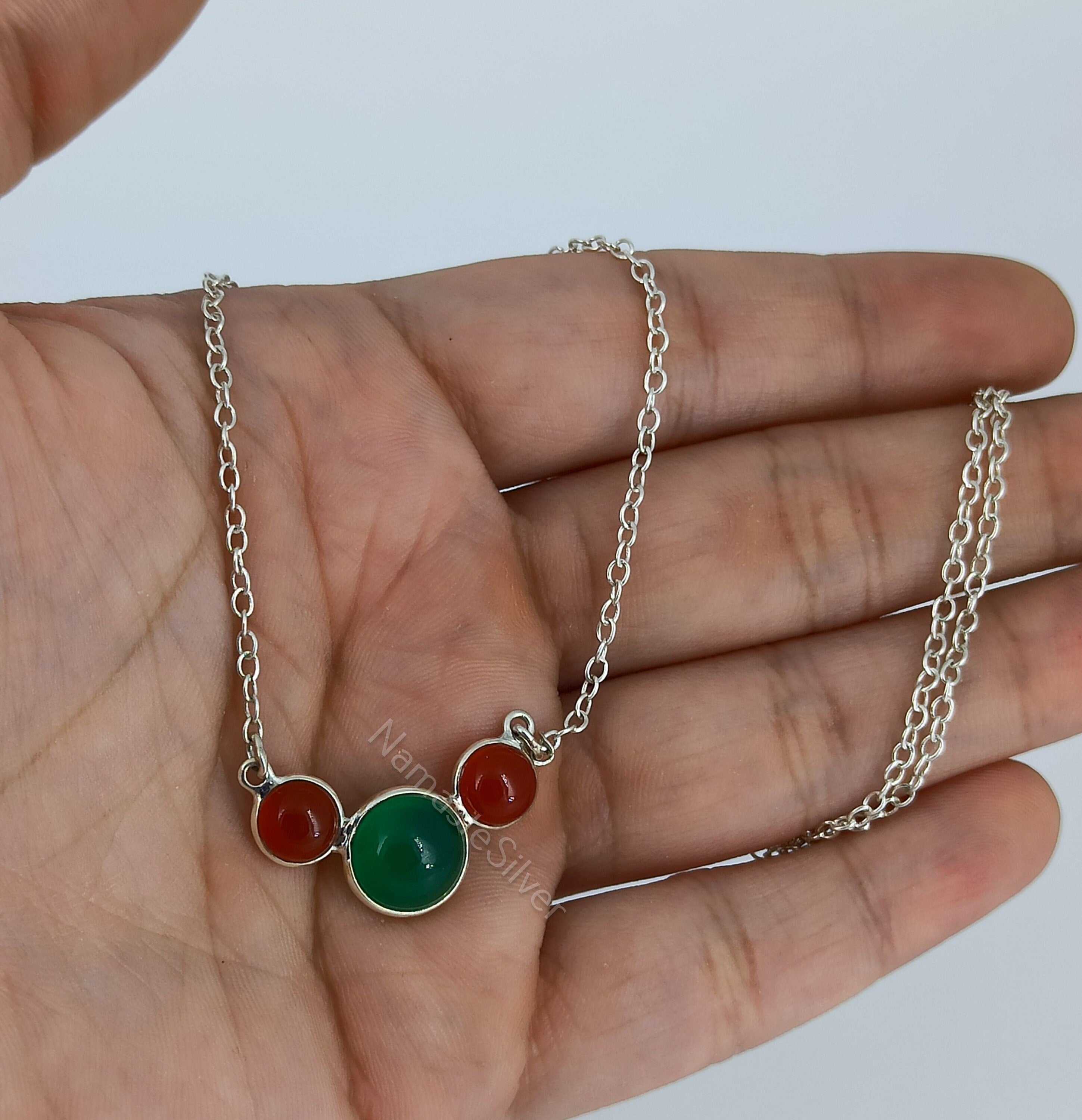 Green Onyx, Carnelian Sterling Silver Handmade Necklace for Women, Girls, Triple Gemstone Necklace, Minimalistic Necklace, Gift for Her